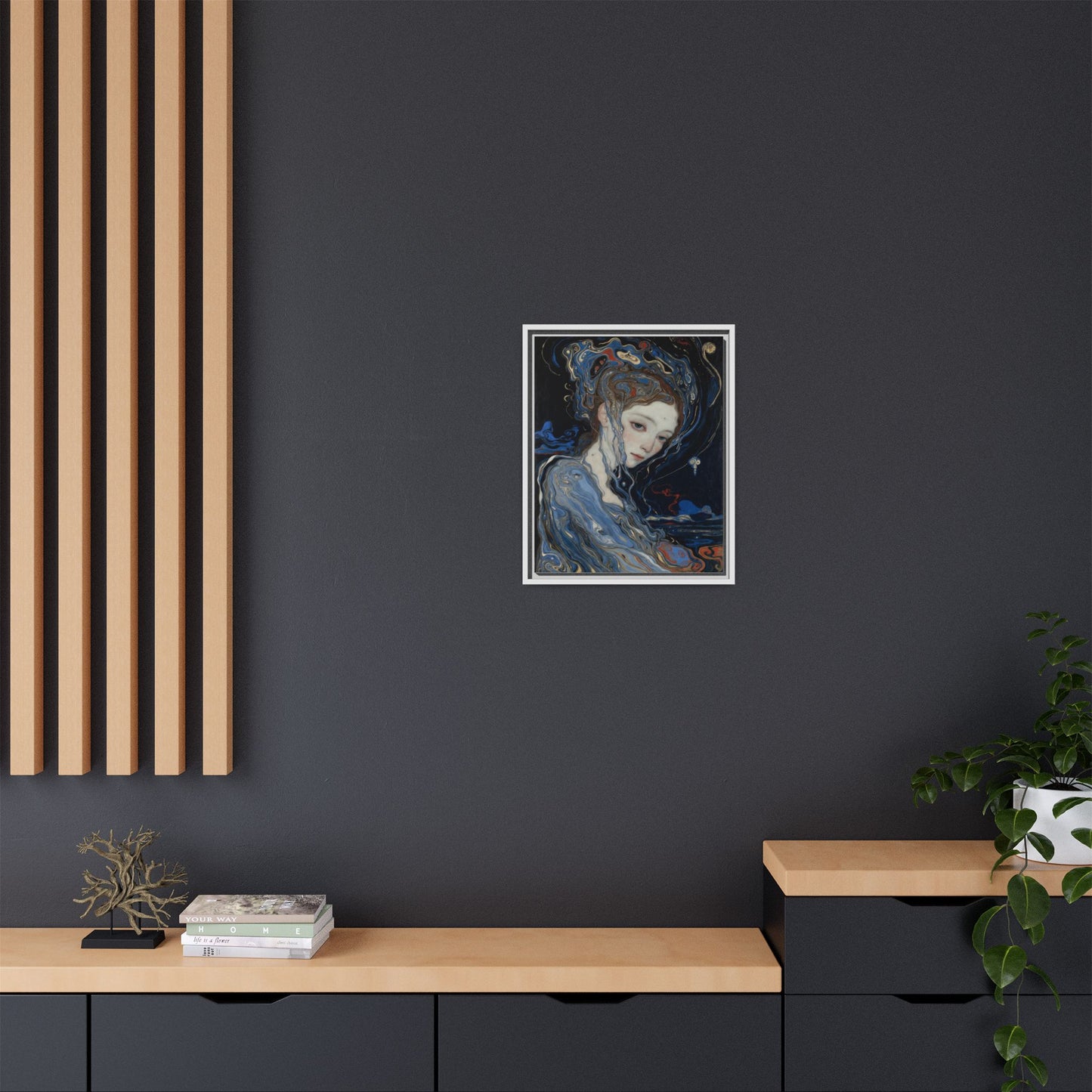 Framed Matte Canvas Art Print — Surreal Blue Maiden Portrait