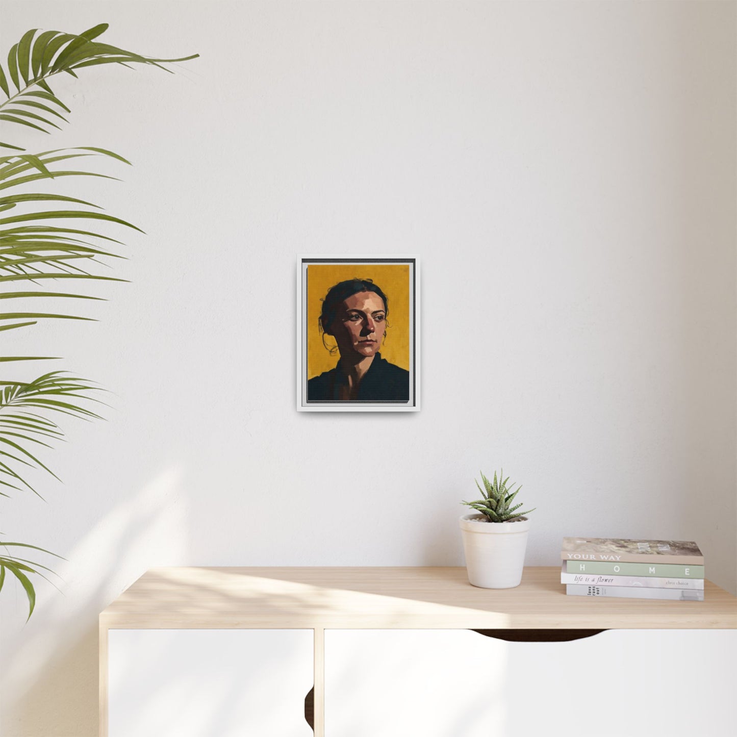 Framed Matte Canvas Portrait Art — Moody Woman on Mustard Background