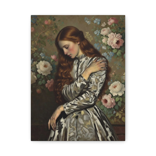 Vintage Portrait Canvas Art — Romantic Floral Young Woman Matte Wall Decor