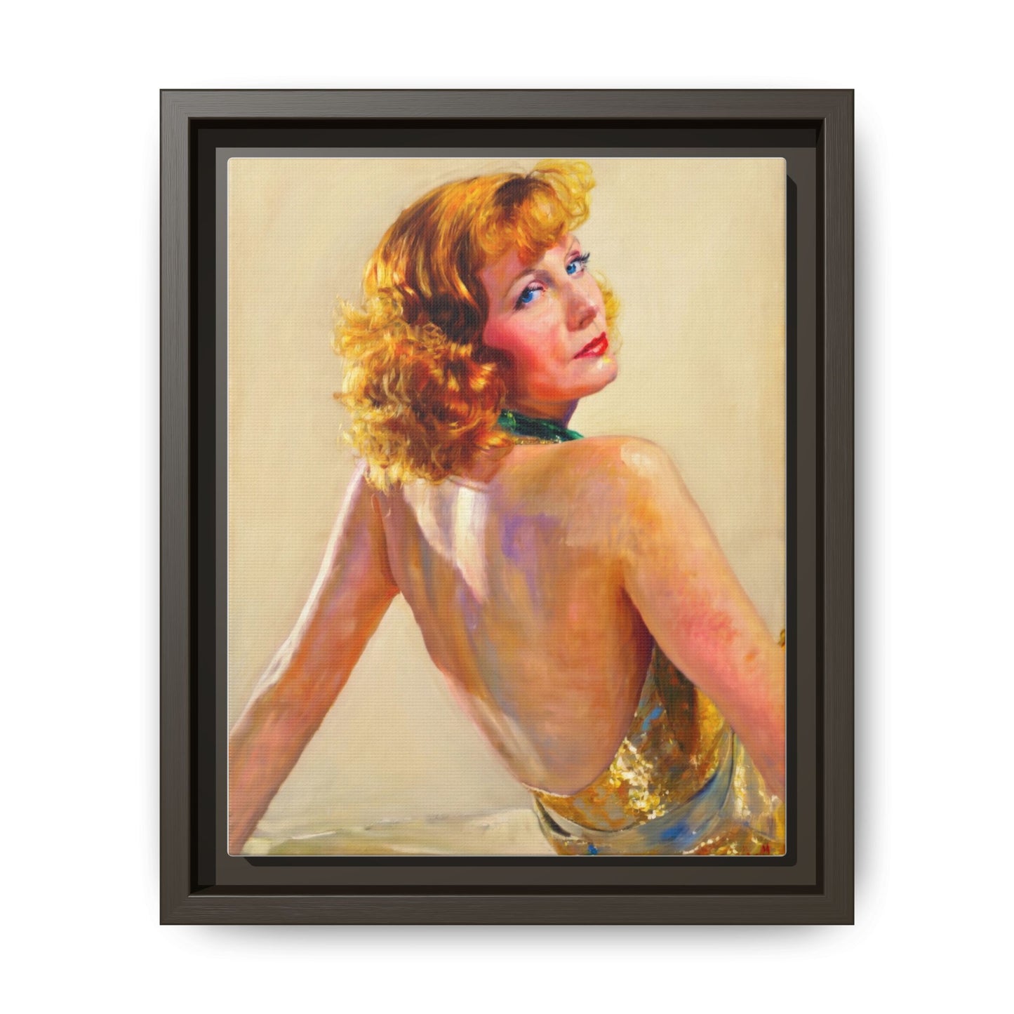 Framed Matte Canvas Print — Vintage Portrait of Redhead Greta Garbo in Gold Dress
