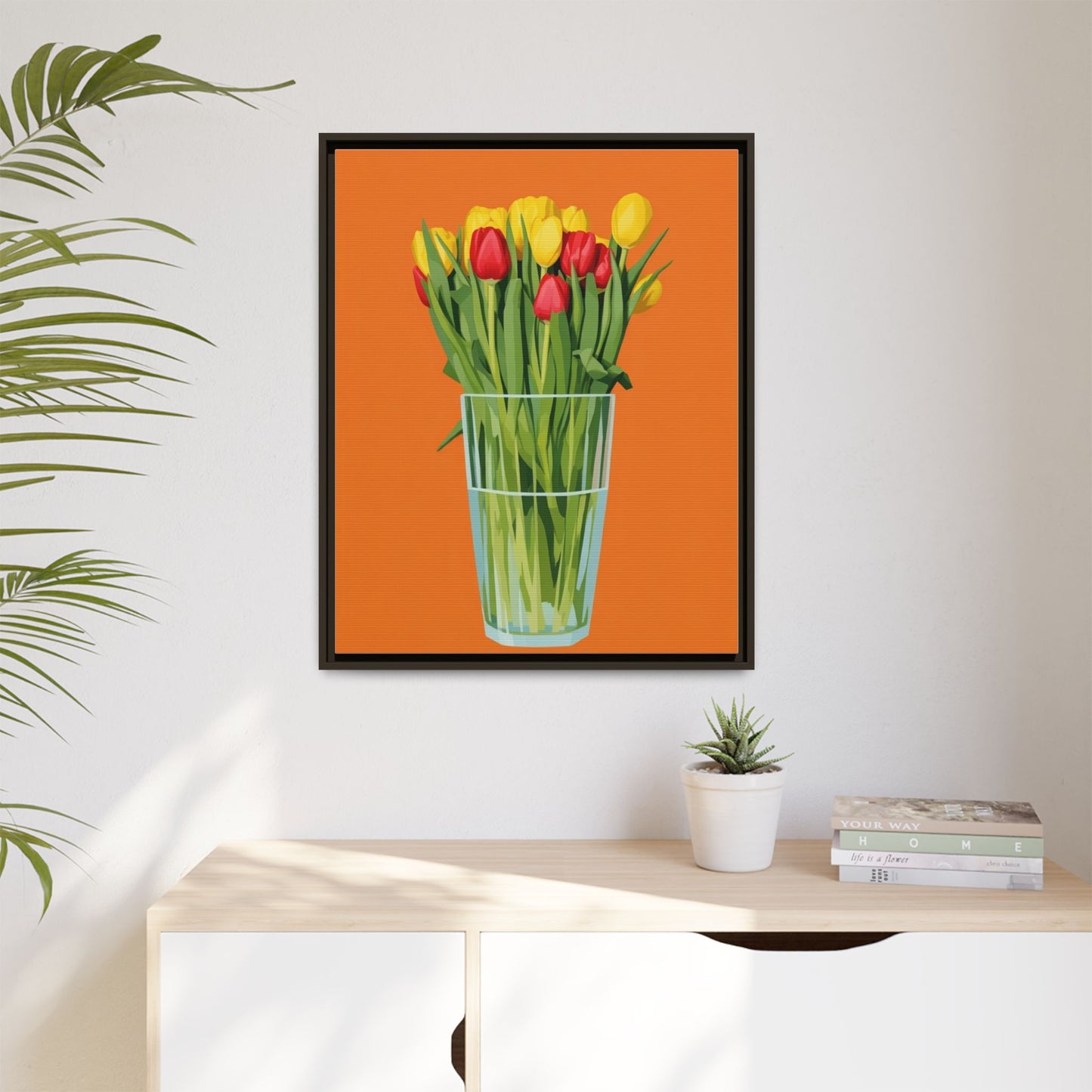 Framed Tulip Canvas Print — Colorful Tulips in Glass Vase