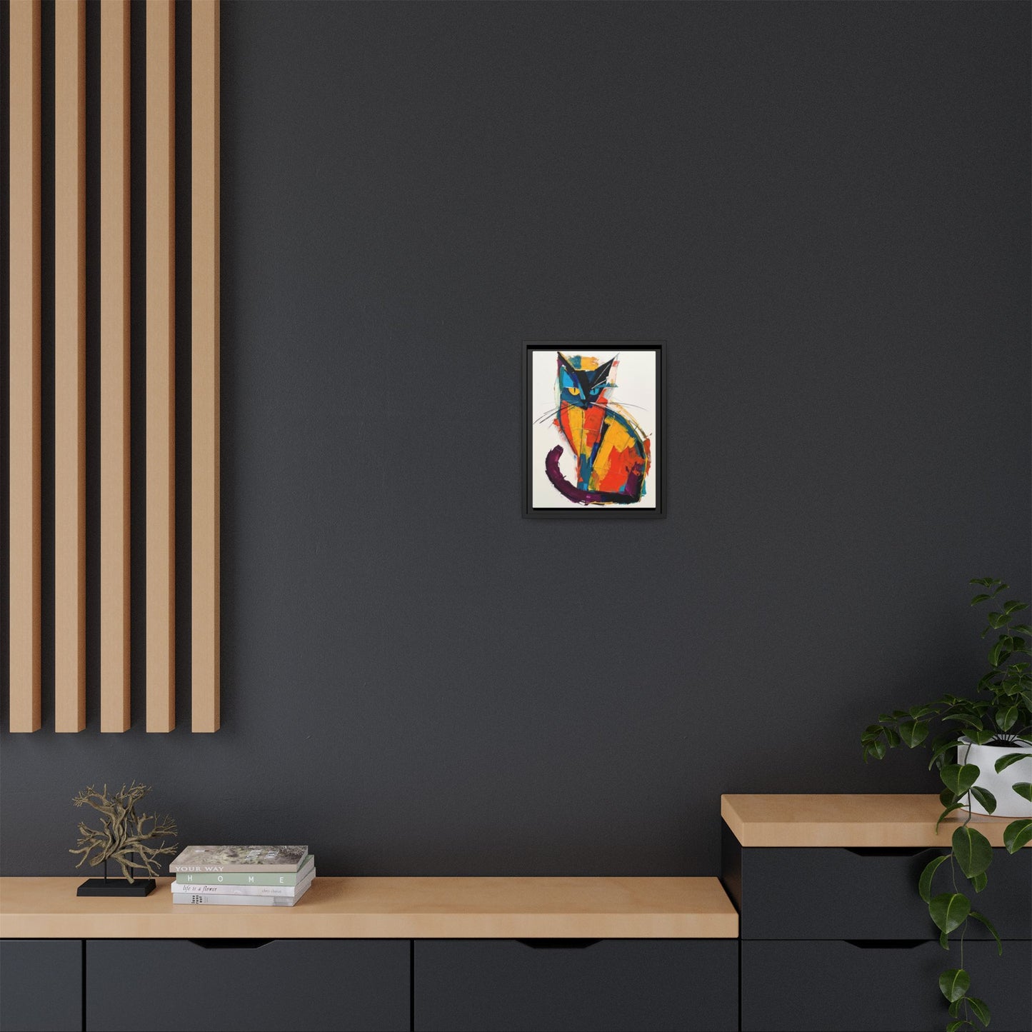Colorful Abstract Cat Framed Canvas — Modern Matte Wall Art