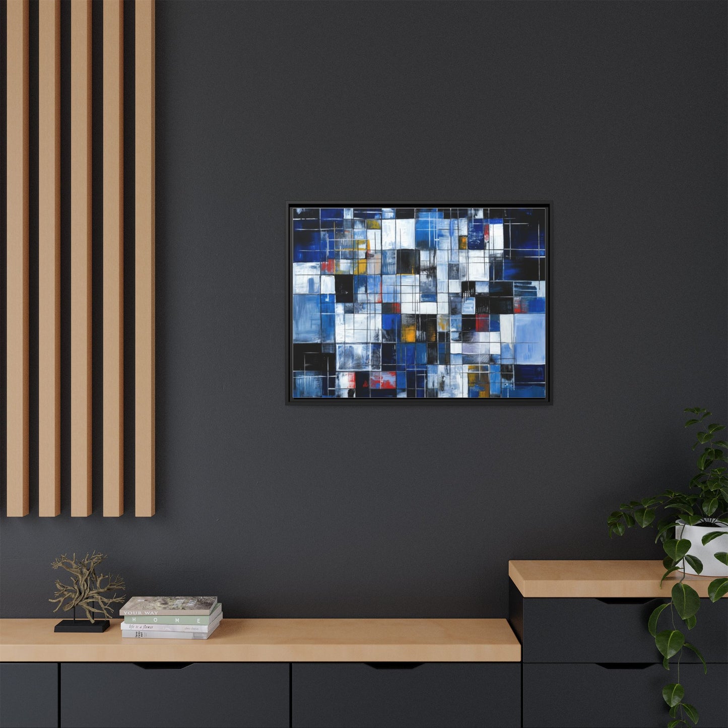 Abstract Blue Grid Matte Canvas Framed Art Print