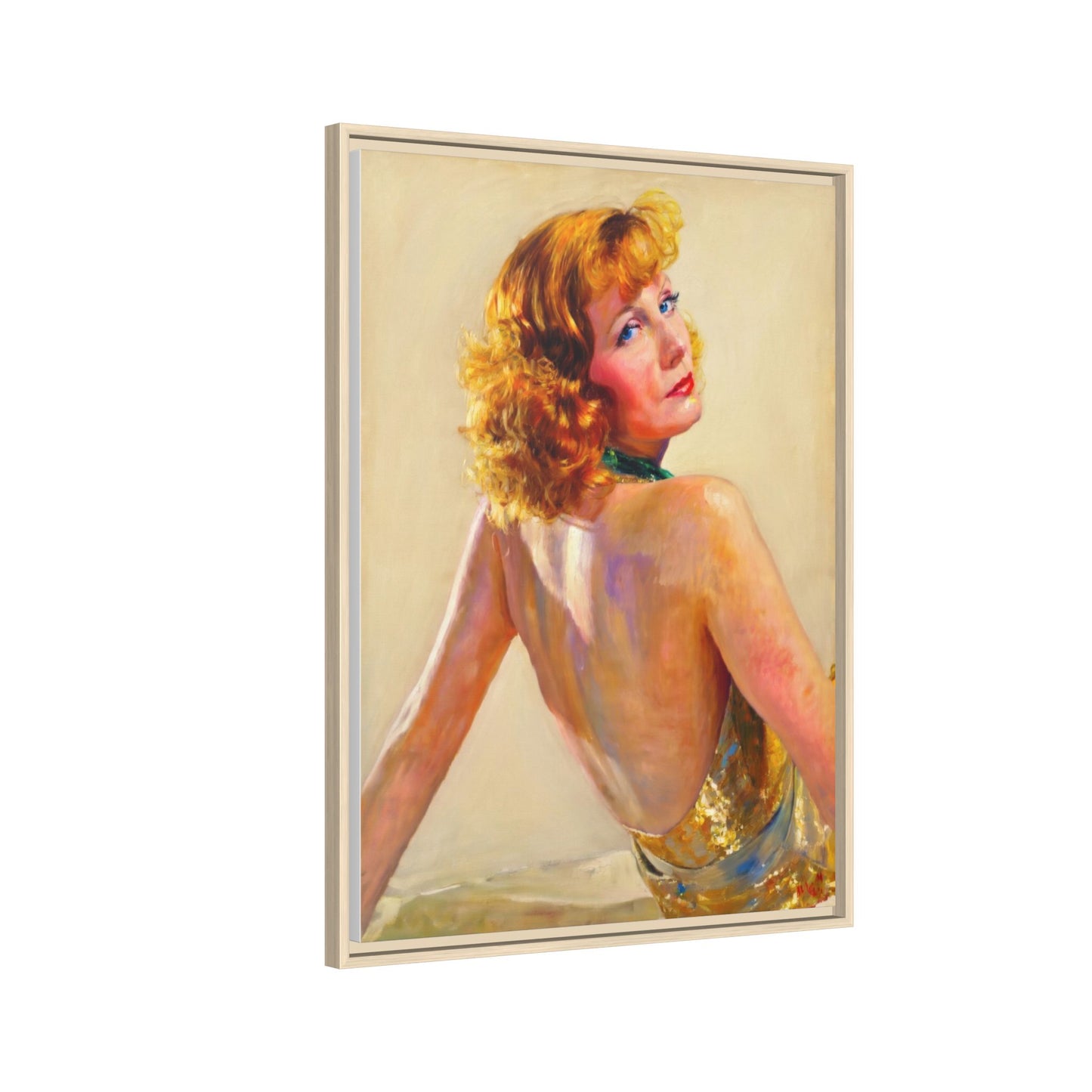 Framed Matte Canvas Print — Vintage Portrait of Redhead Greta Garbo in Gold Dress