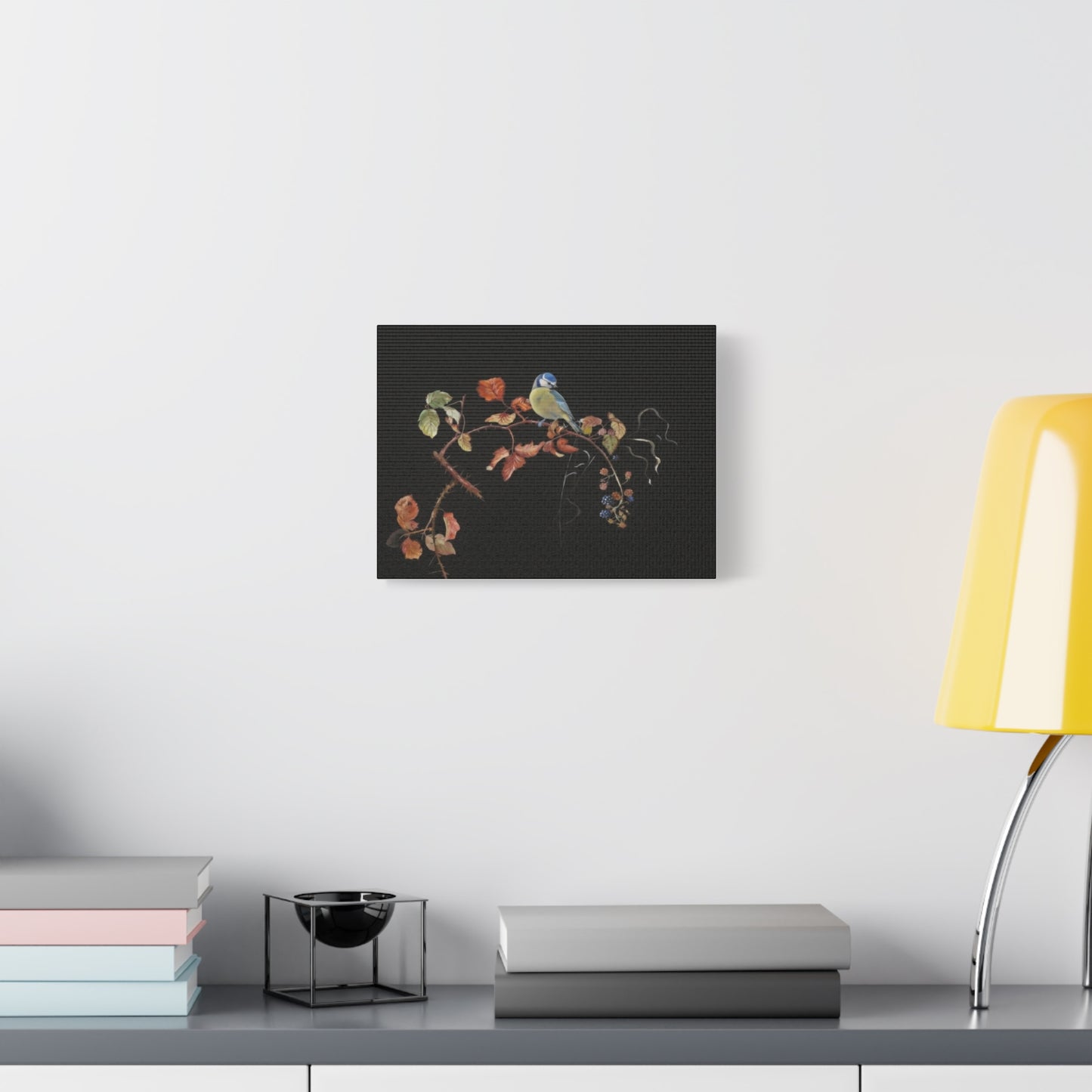 Canvas Wall Art - Blue Tit on Autumn Branch, Stretched Matte Canvas