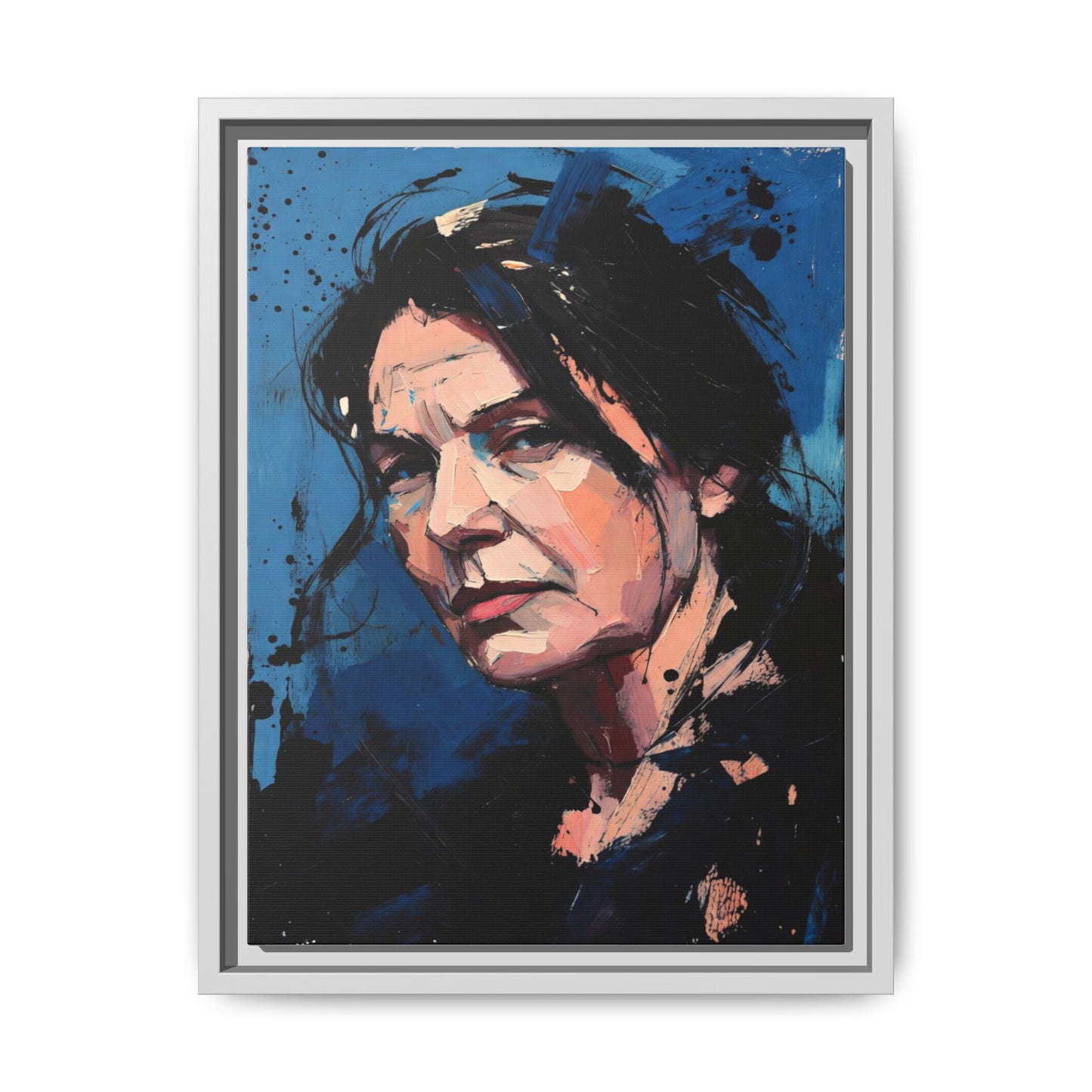 Framed Matte Canvas Portrait — Expressive Blue Painterly Woman Art