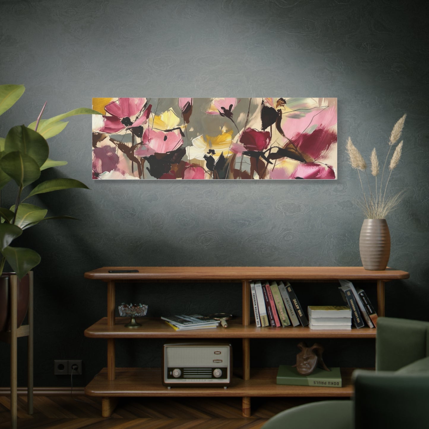 Floral Abstract Canvas Wall Art — Pink & Yellow Bloom Stretched Matte Print