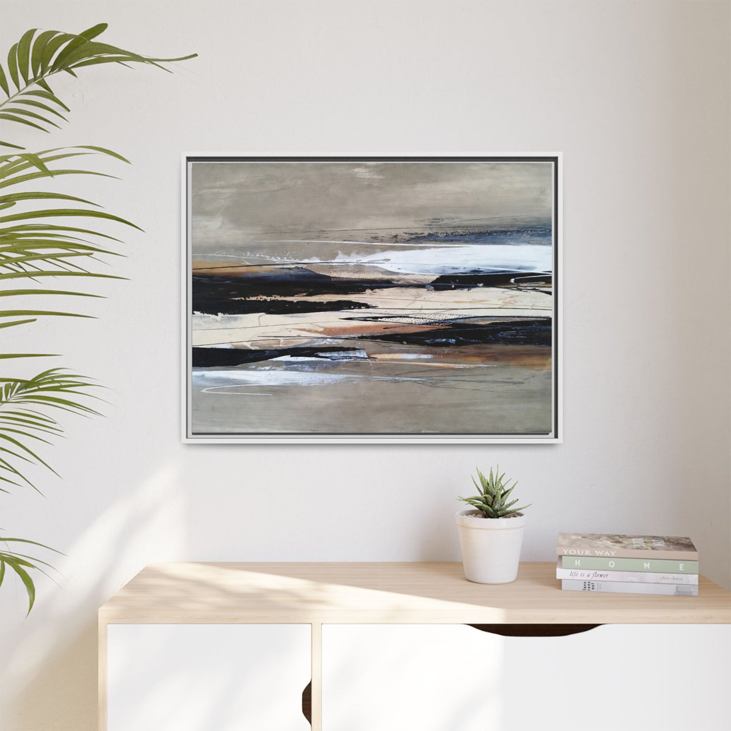 Abstract Seascape Matte Canvas Framed Wall Art — Neutral Coastal Landscape