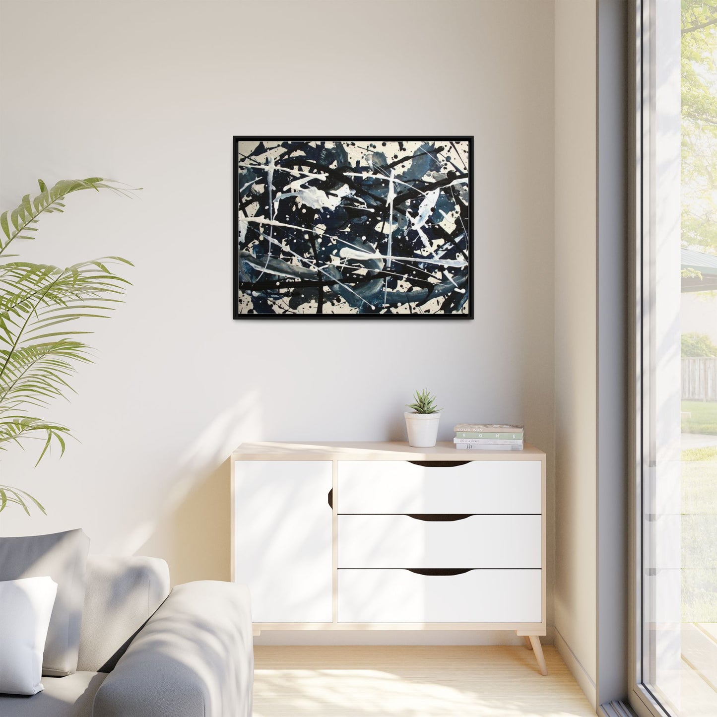 Abstract Splatter Matte Canvas Framed Wall Art — Black & Blue Modern Art Print