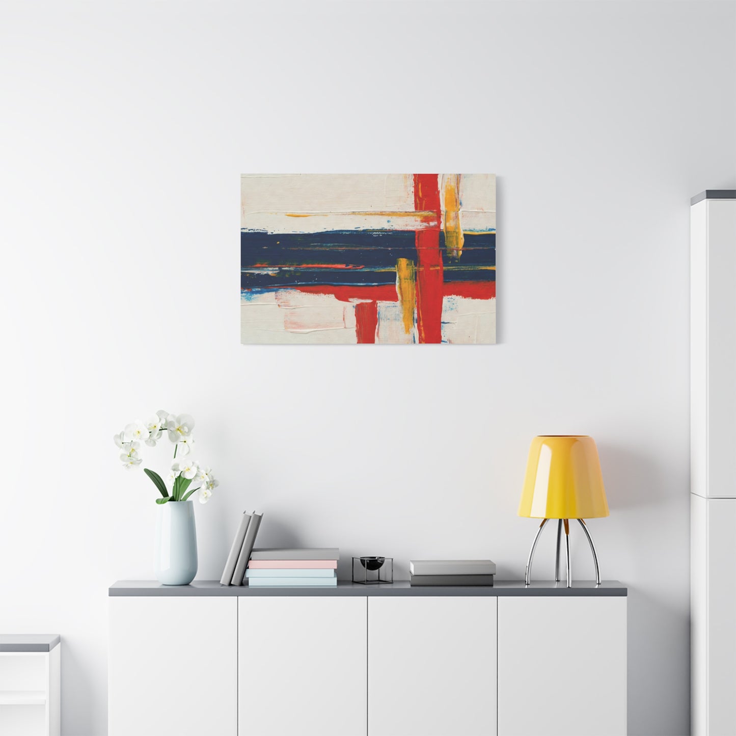 Abstract Modern Canvas Art Print — Red, Navy & Gold Stretched Matte Canvas