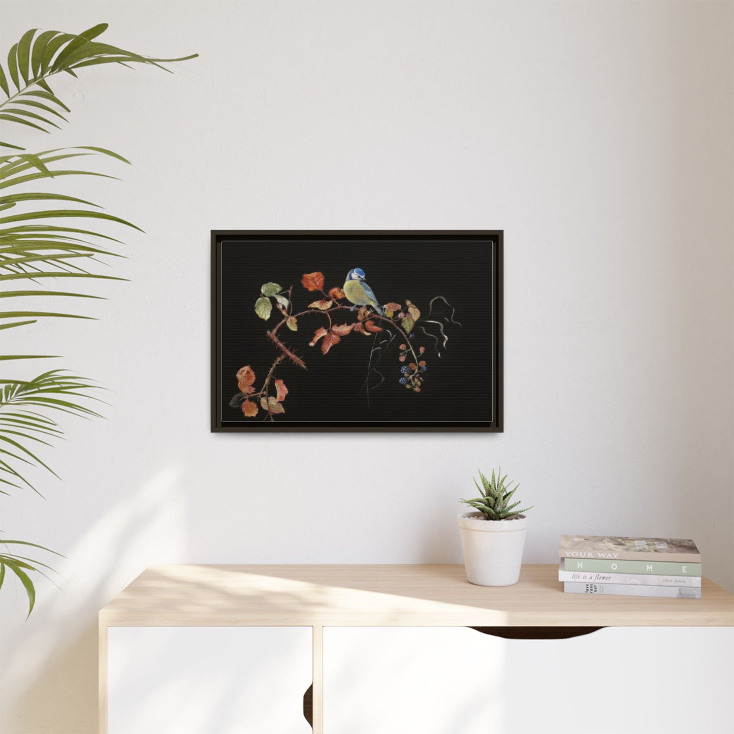Framed Matte Canvas - Blue Tit on Autumn Branch Wall Art