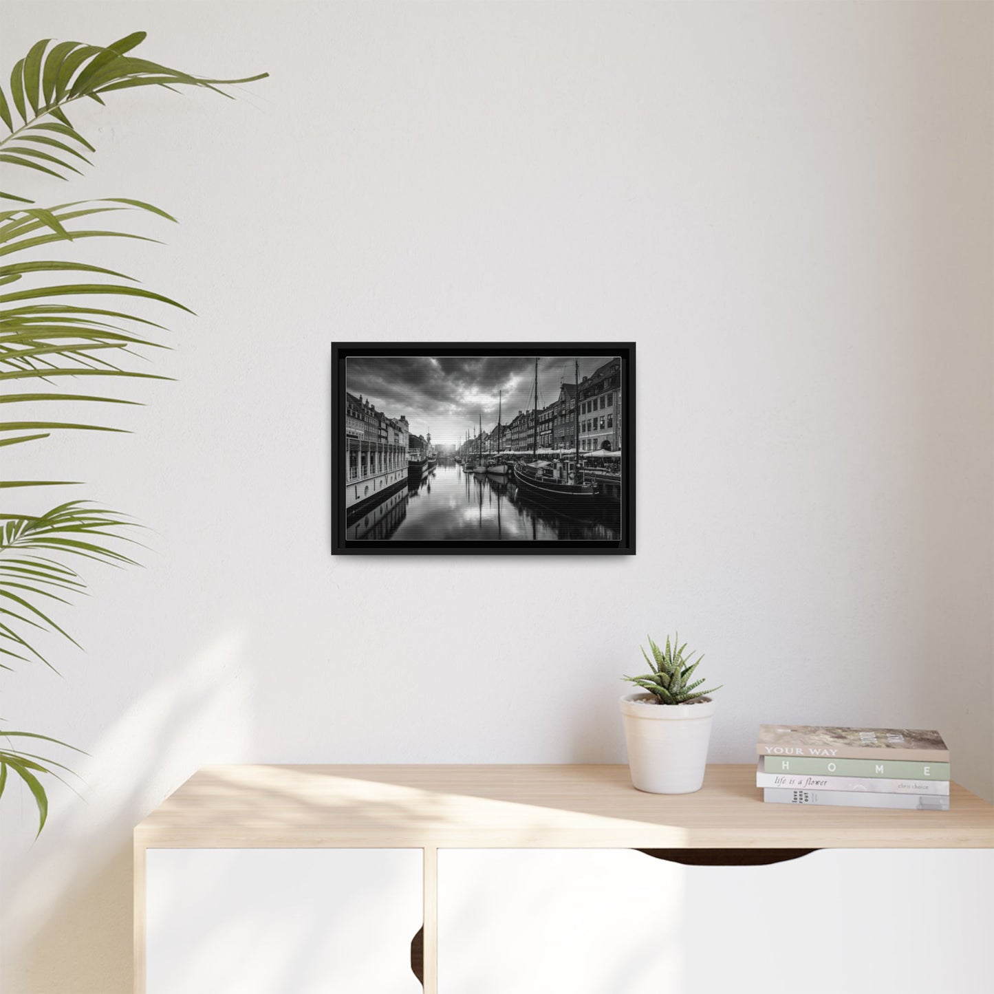 Framed Matte Canvas: Black & White Dutch Canal Photography Wall Art