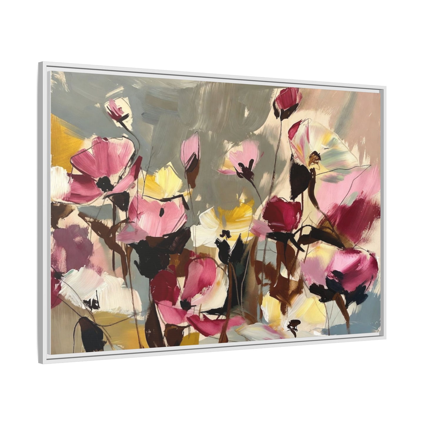 Framed Floral Canvas Wall Art — Abstract Pink & Yellow Flowers