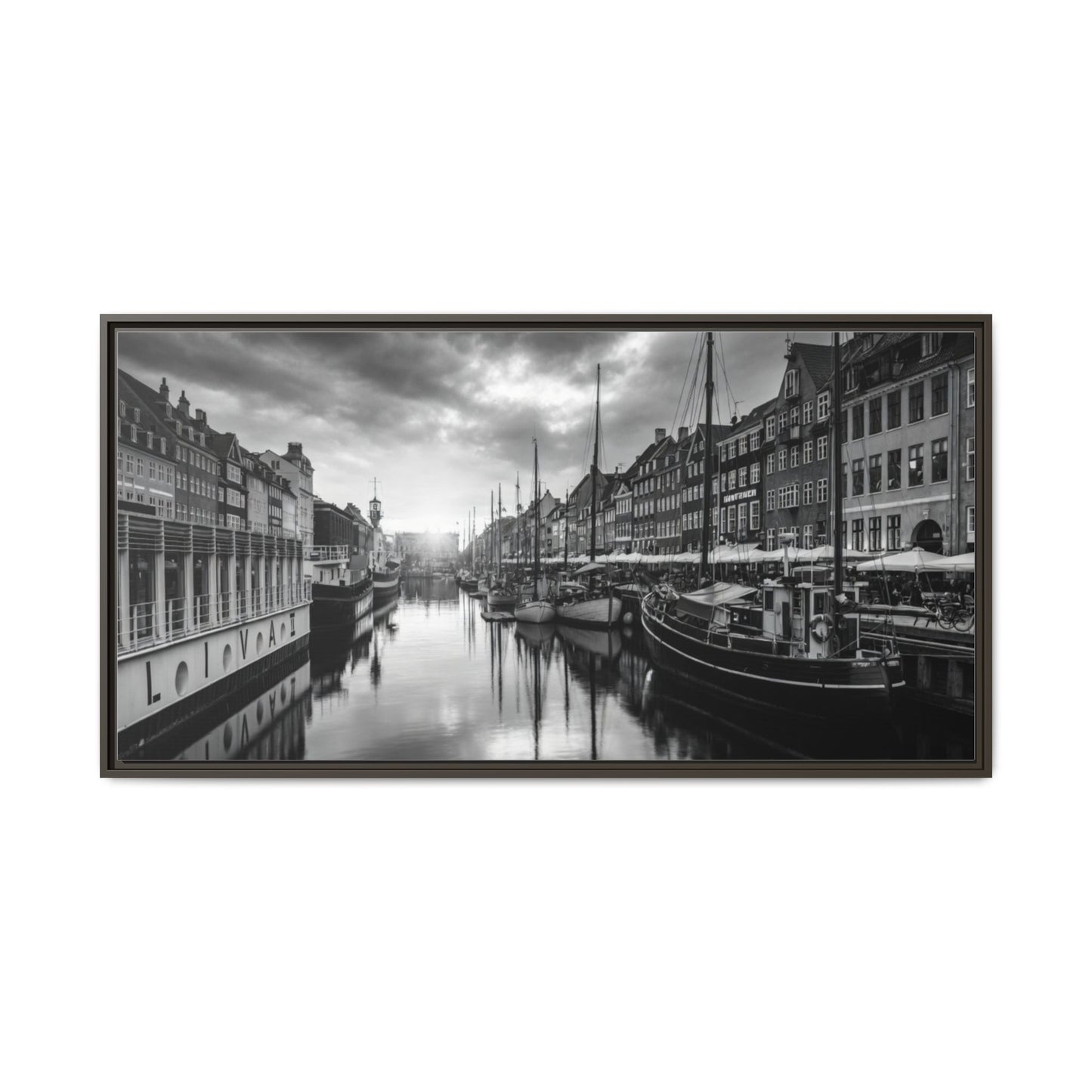 Framed Matte Canvas: Black & White Dutch Canal Photography Wall Art