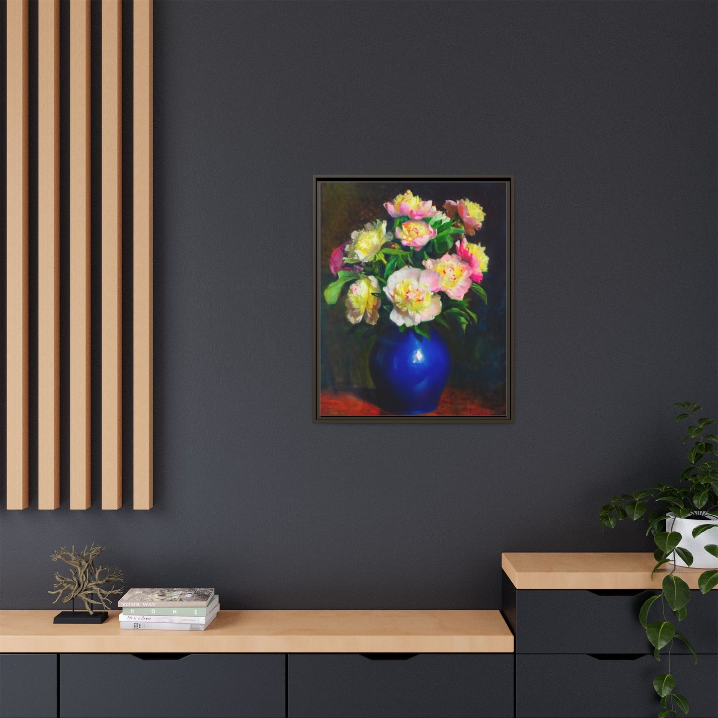 Framed Matte Canvas Wall Art — Vintage Floral Bouquet in Blue Vase