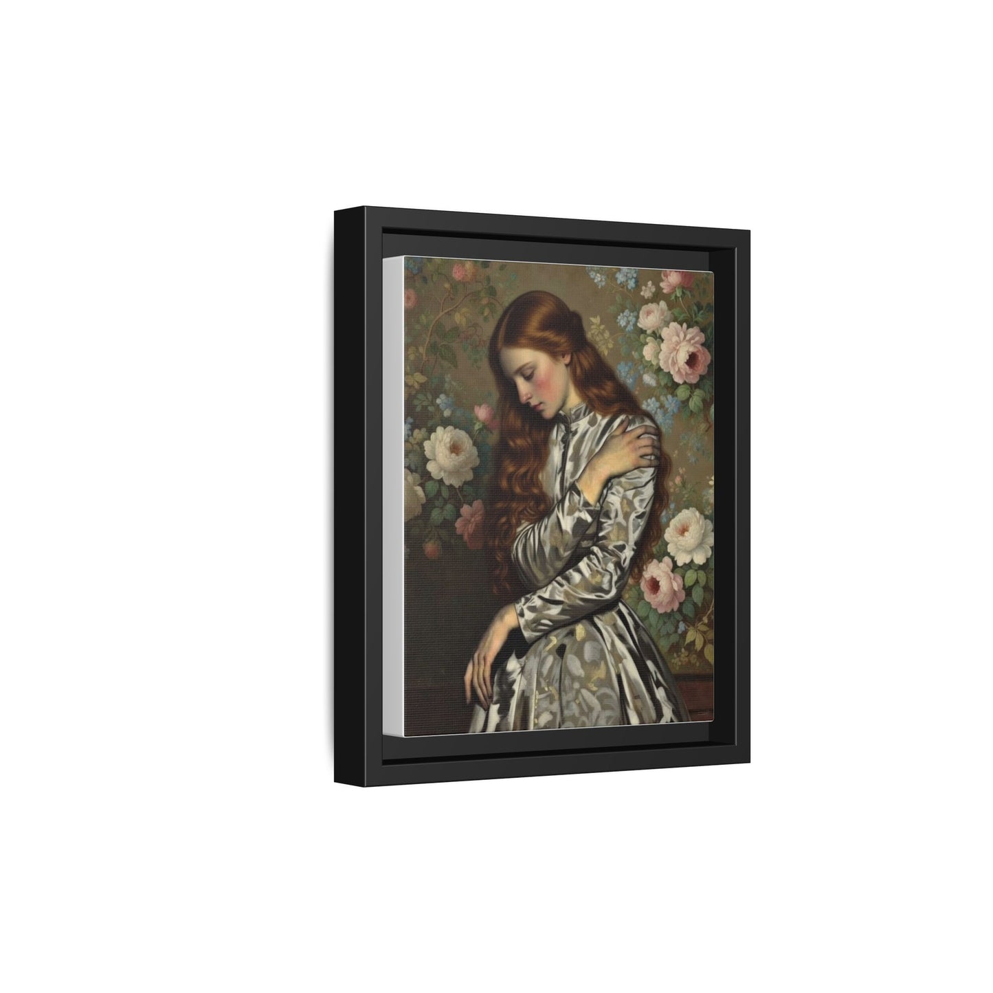 Framed Matte Canvas Art — Vintage Floral Portrait of a Young Woman