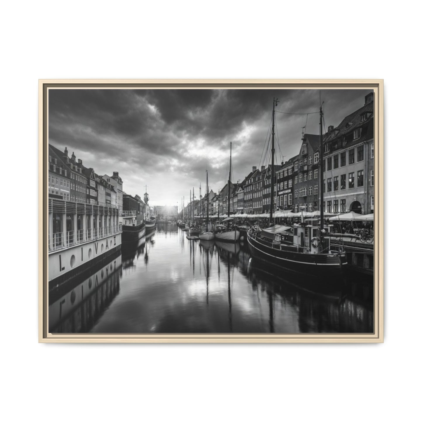 Framed Matte Canvas: Black & White Dutch Canal Photography Wall Art