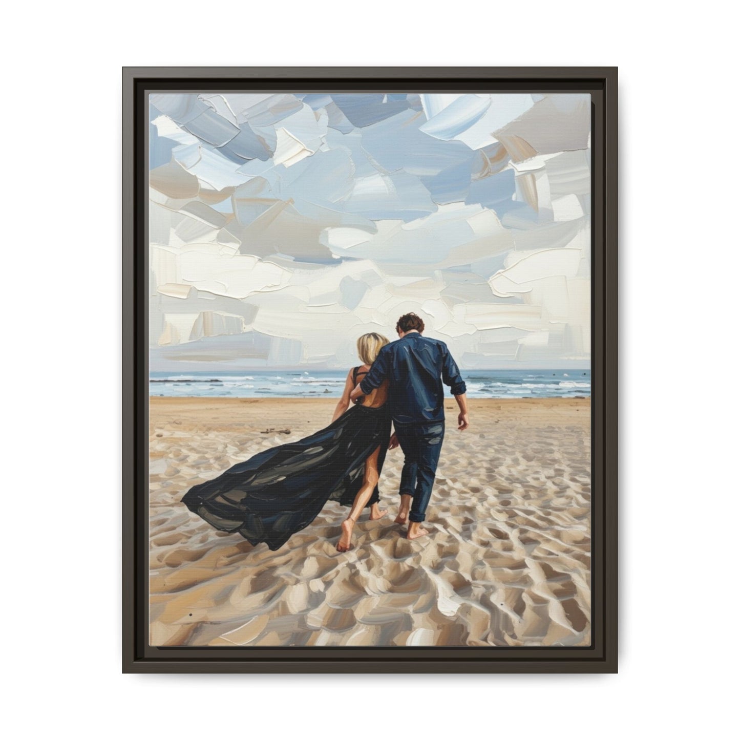 Framed Canvas Wall Art — Romantic Couple Walking on Beach Print