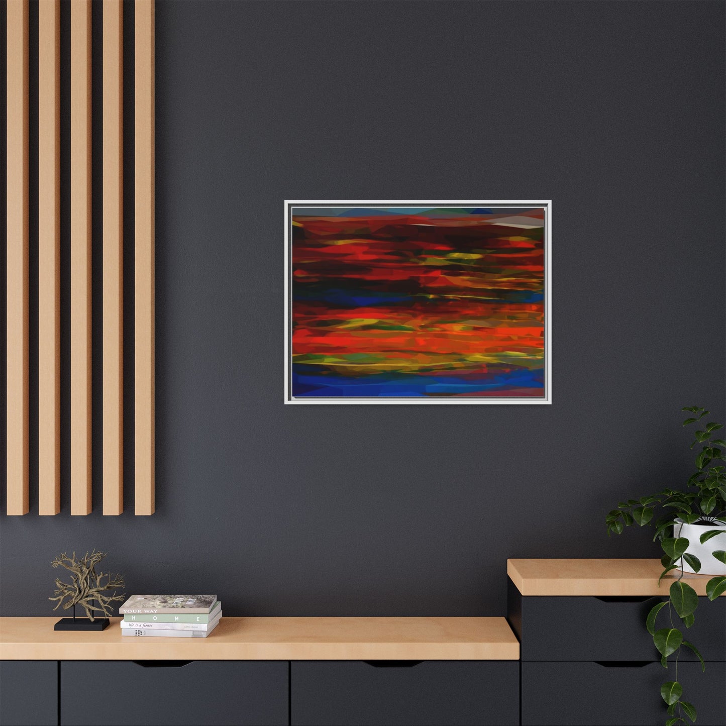 Abstract Multi-Color Matte Canvas Framed Wall Art — Bold Red & Blue Modern Painting