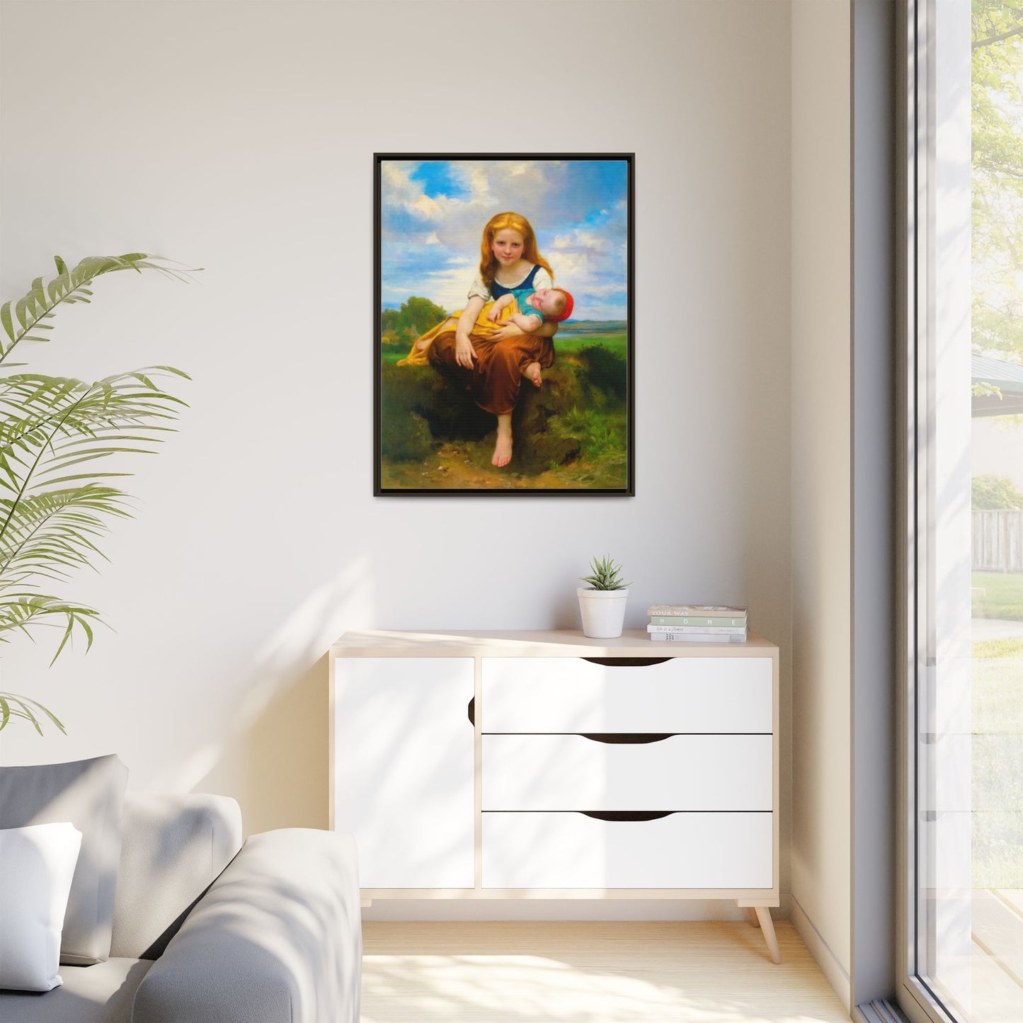 Young Girl Holding Sleeping Baby Canvas Print, Framed Wall Art