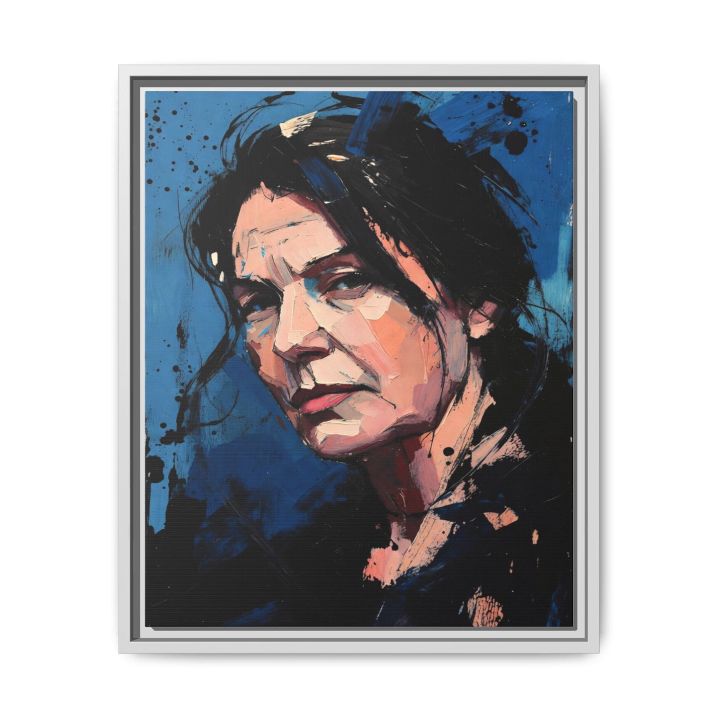 Framed Matte Canvas Portrait — Expressive Blue Painterly Woman Art