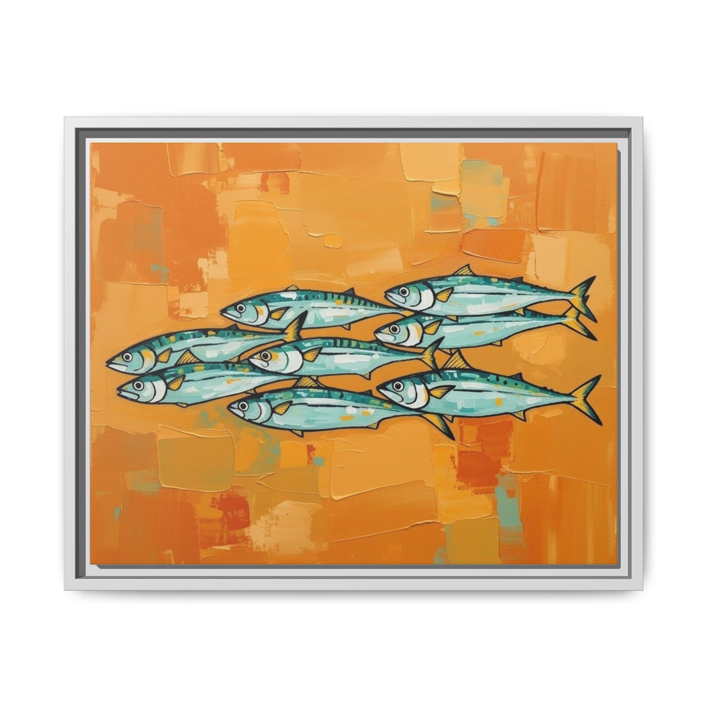 Framed Matte Canvas Print — School of Blue Fish on Orange Abstract Background