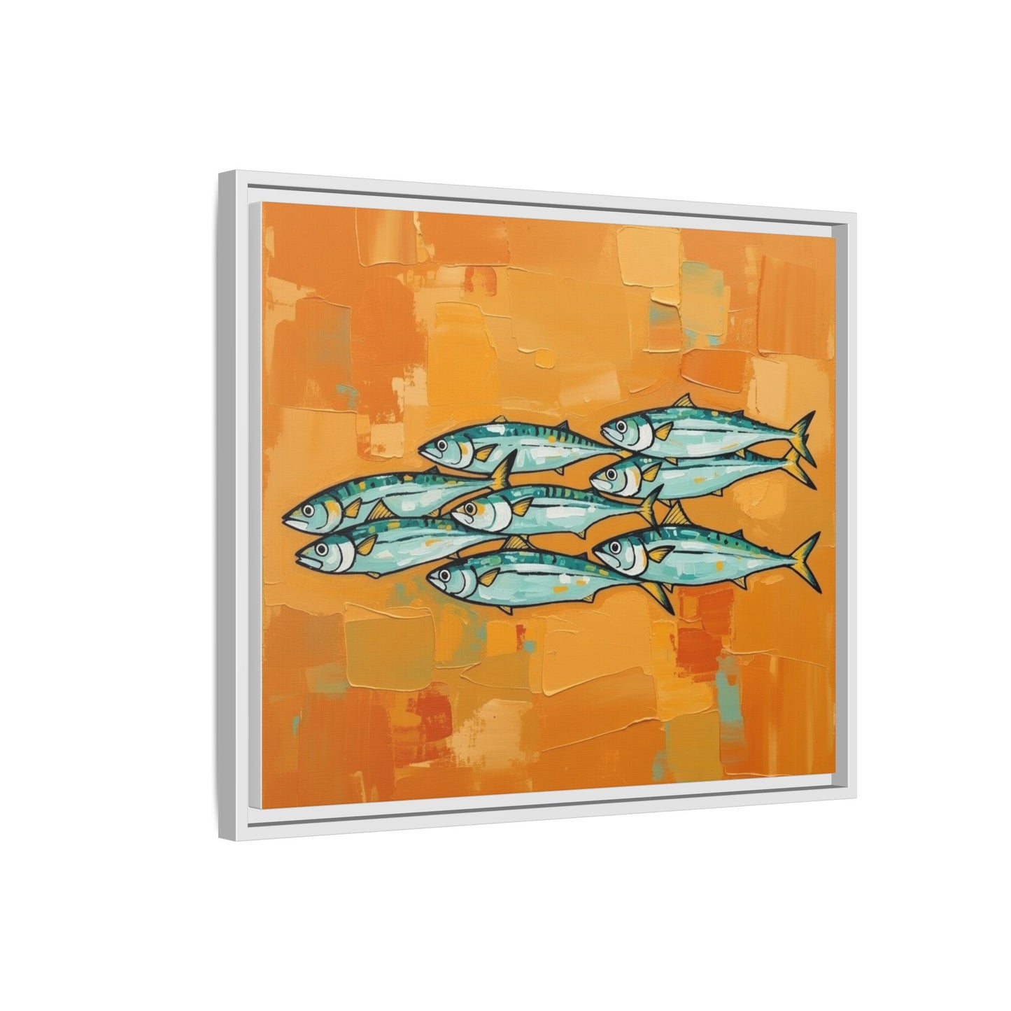 Framed Matte Canvas Print — School of Blue Fish on Orange Abstract Background
