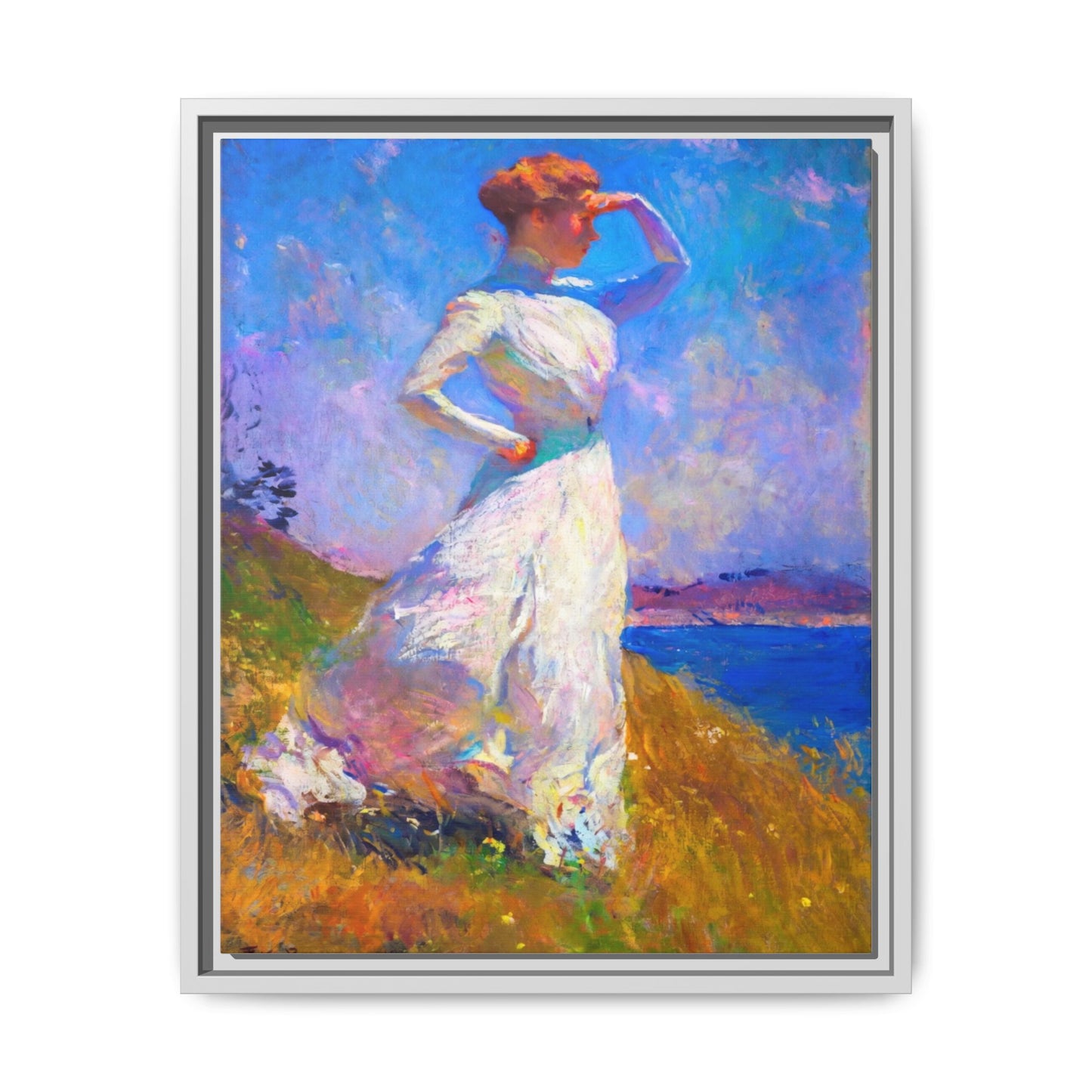 Framed Matte Canvas Art - Woman in White Seaside Impressionist Print