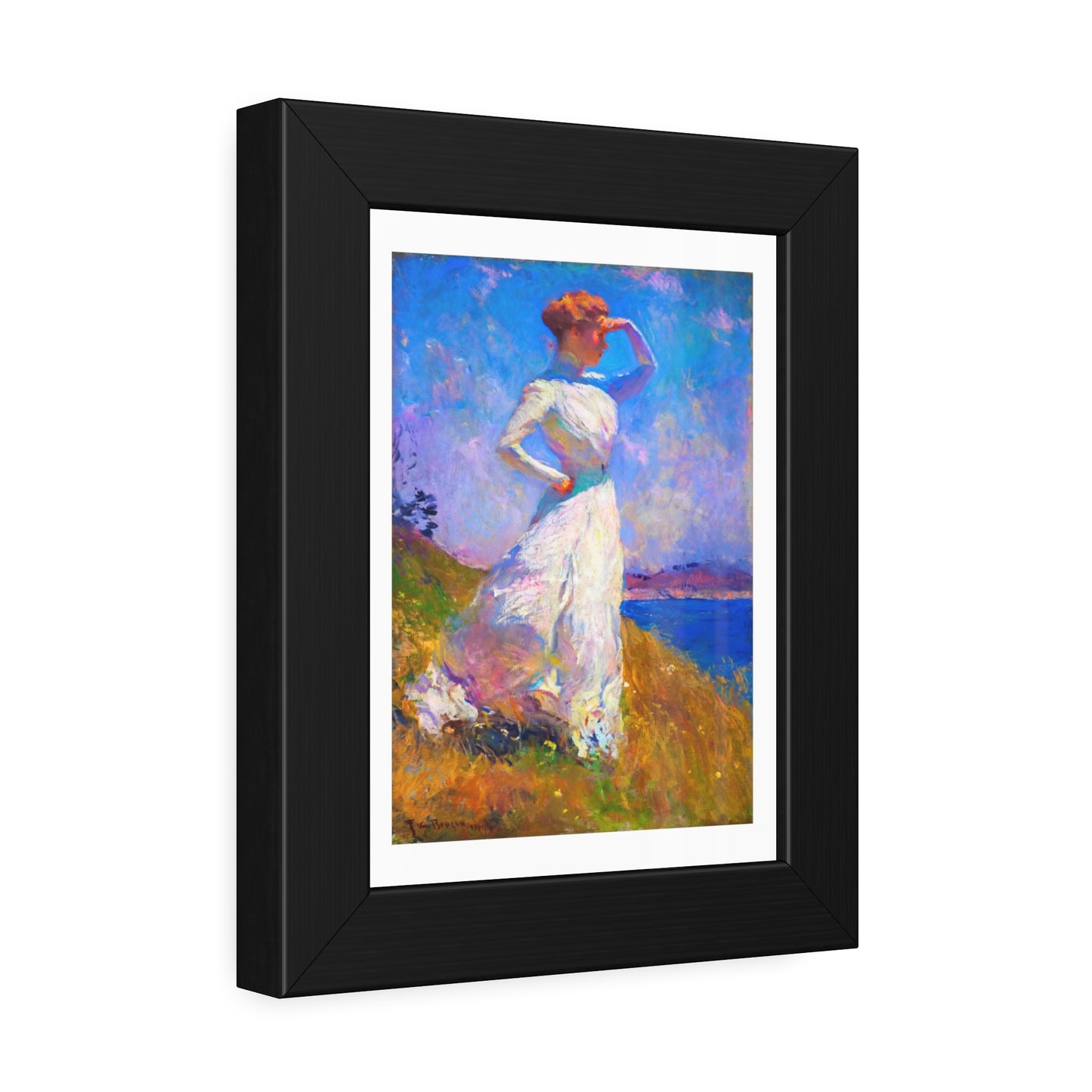 Coastal Impressionist Framed Poster — Woman in White Seaside Art Print