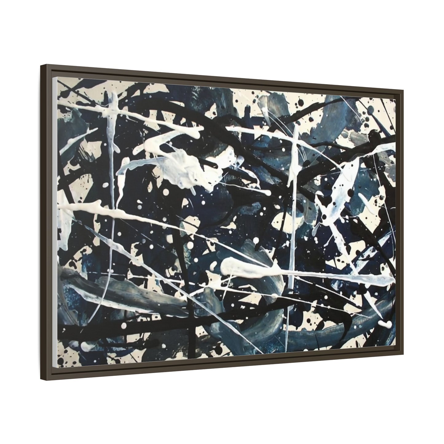 Abstract Splatter Matte Canvas Framed Wall Art — Black & Blue Modern Art Print