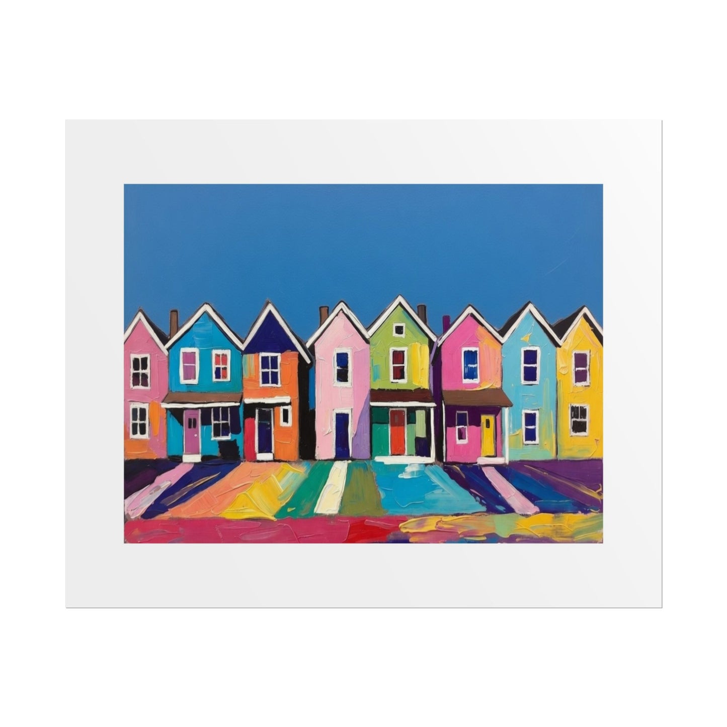 Colorful Row Houses Art Poster — Vibrant Coastal Street Wall Print