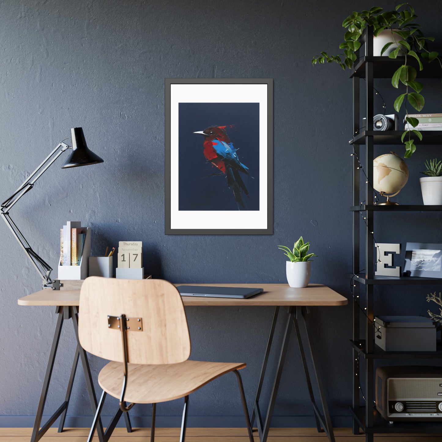 Framed Bird Art Print — Modern Red & Blue Kingfisher Poster