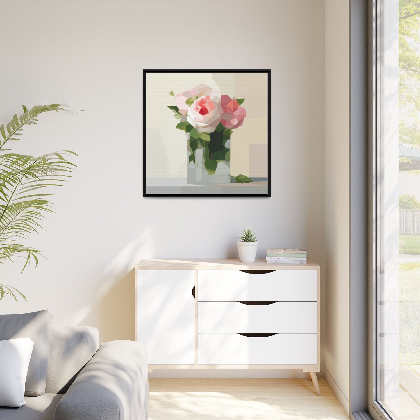 Framed Floral Canvas Print — Geometric Pink Rose Wall Art