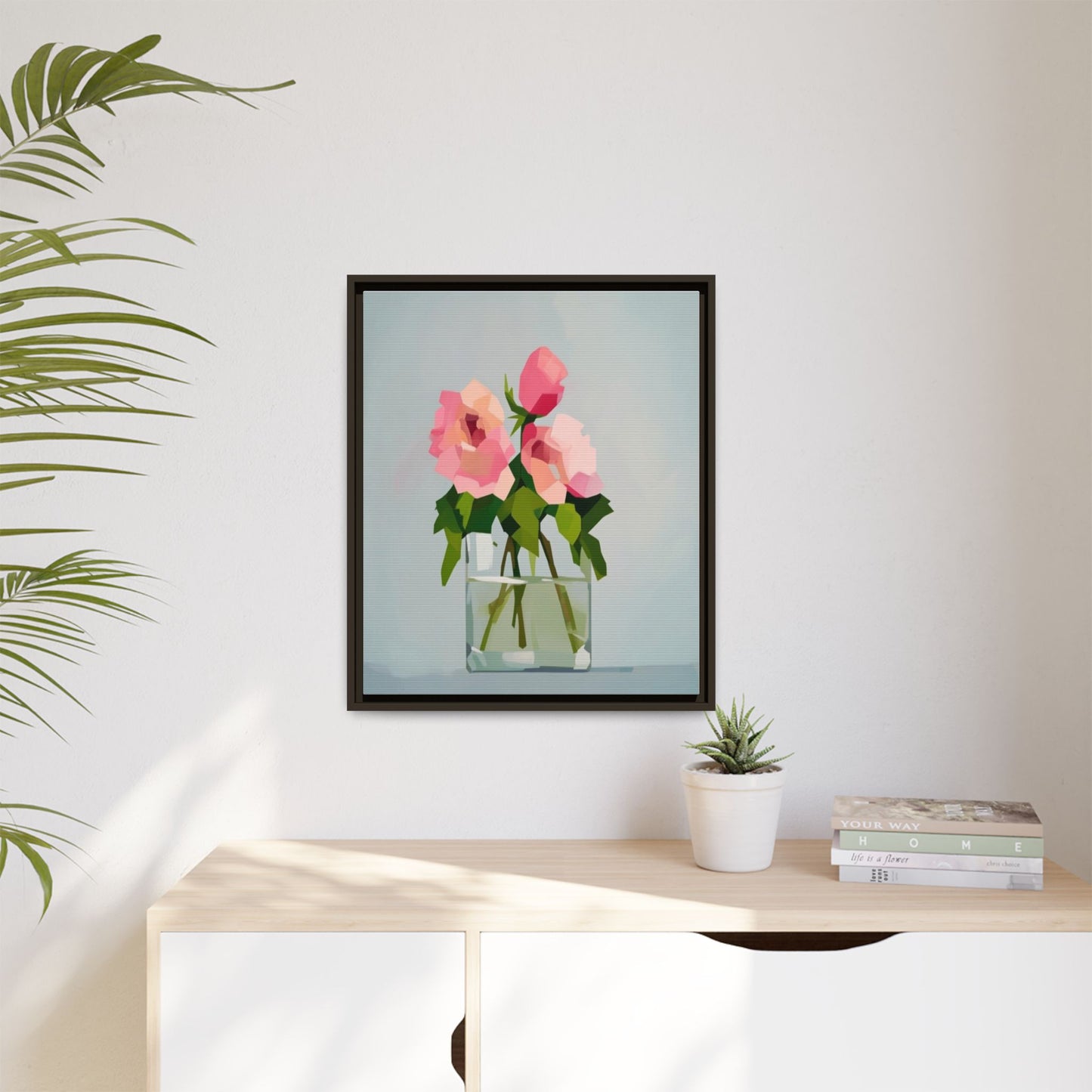 Framed Floral Canvas Print — Pink Roses in Glass Vase (Matte)