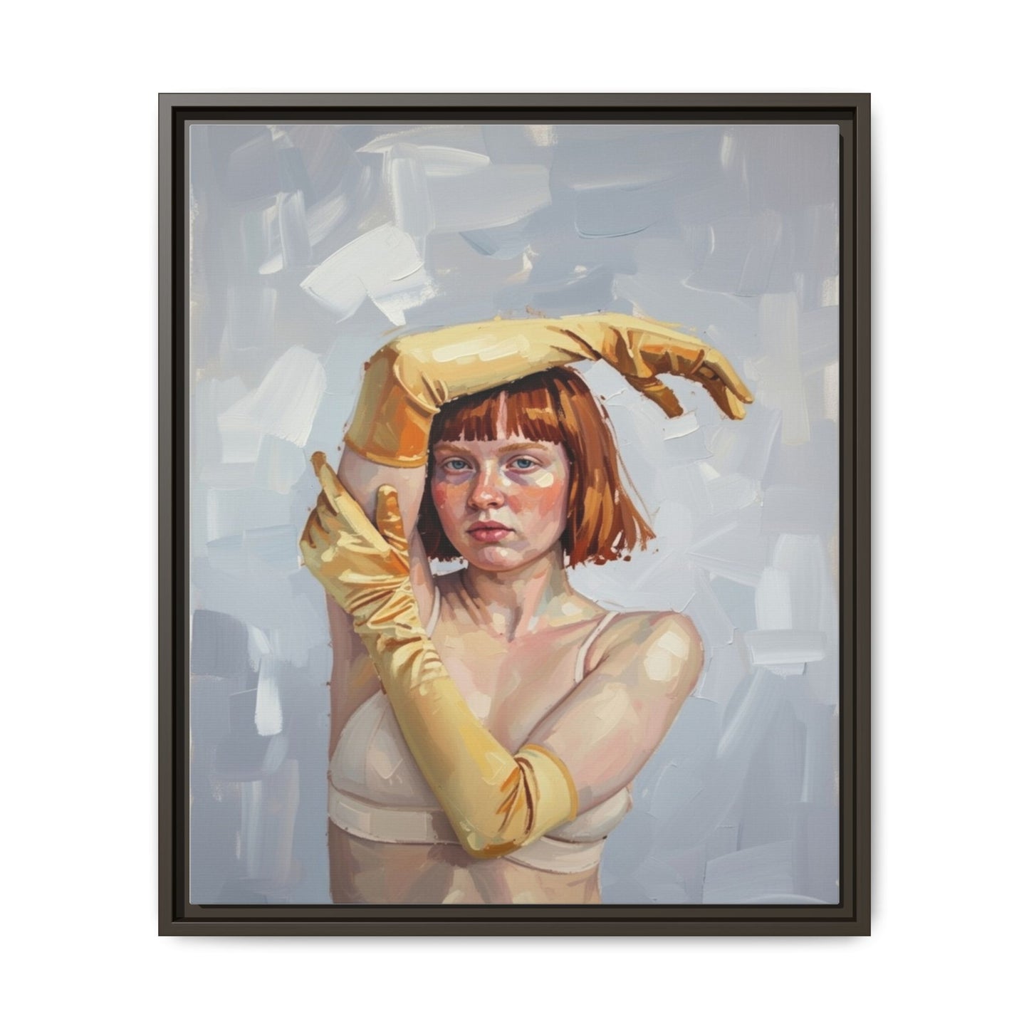 Contemporary Portrait Canvas Print — Woman with Yellow Gloves (Framed Matte)