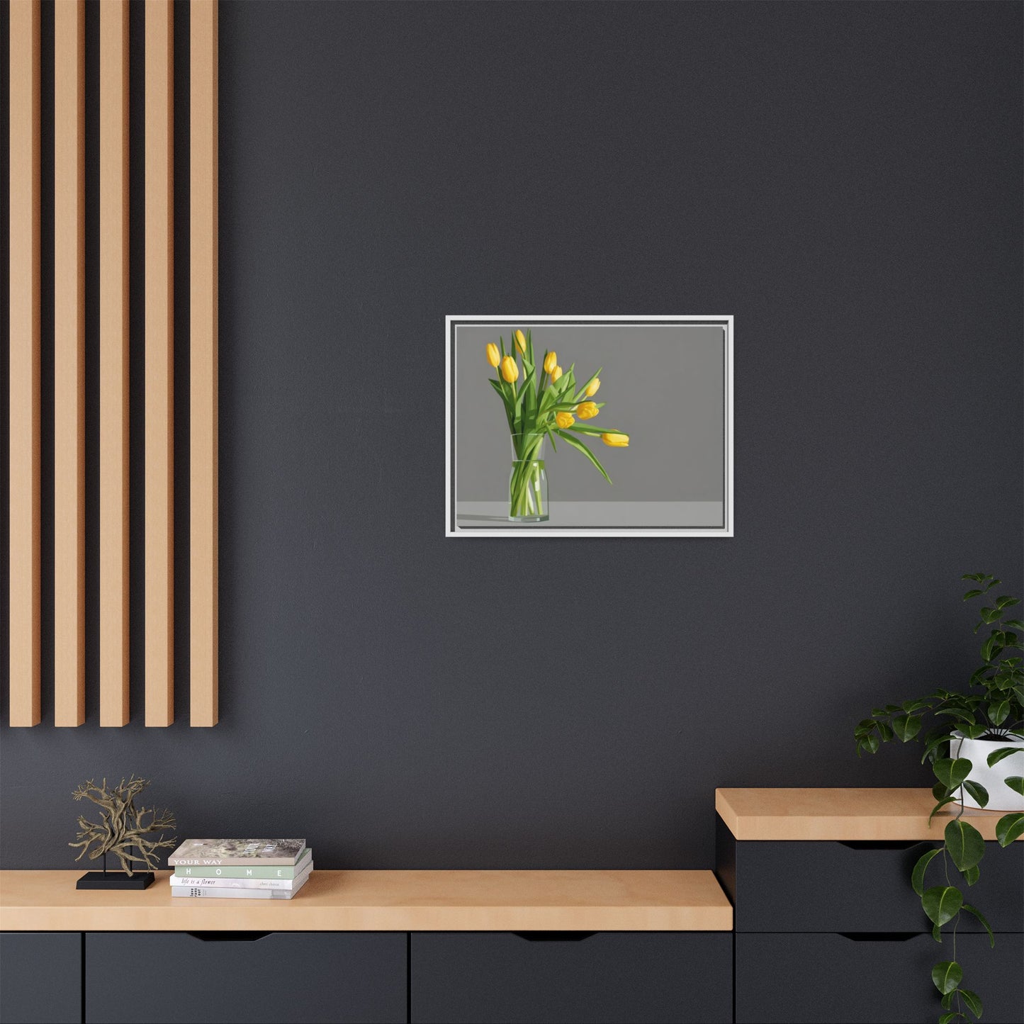 Framed Matte Canvas Art — Yellow Tulip Vase Wall Print