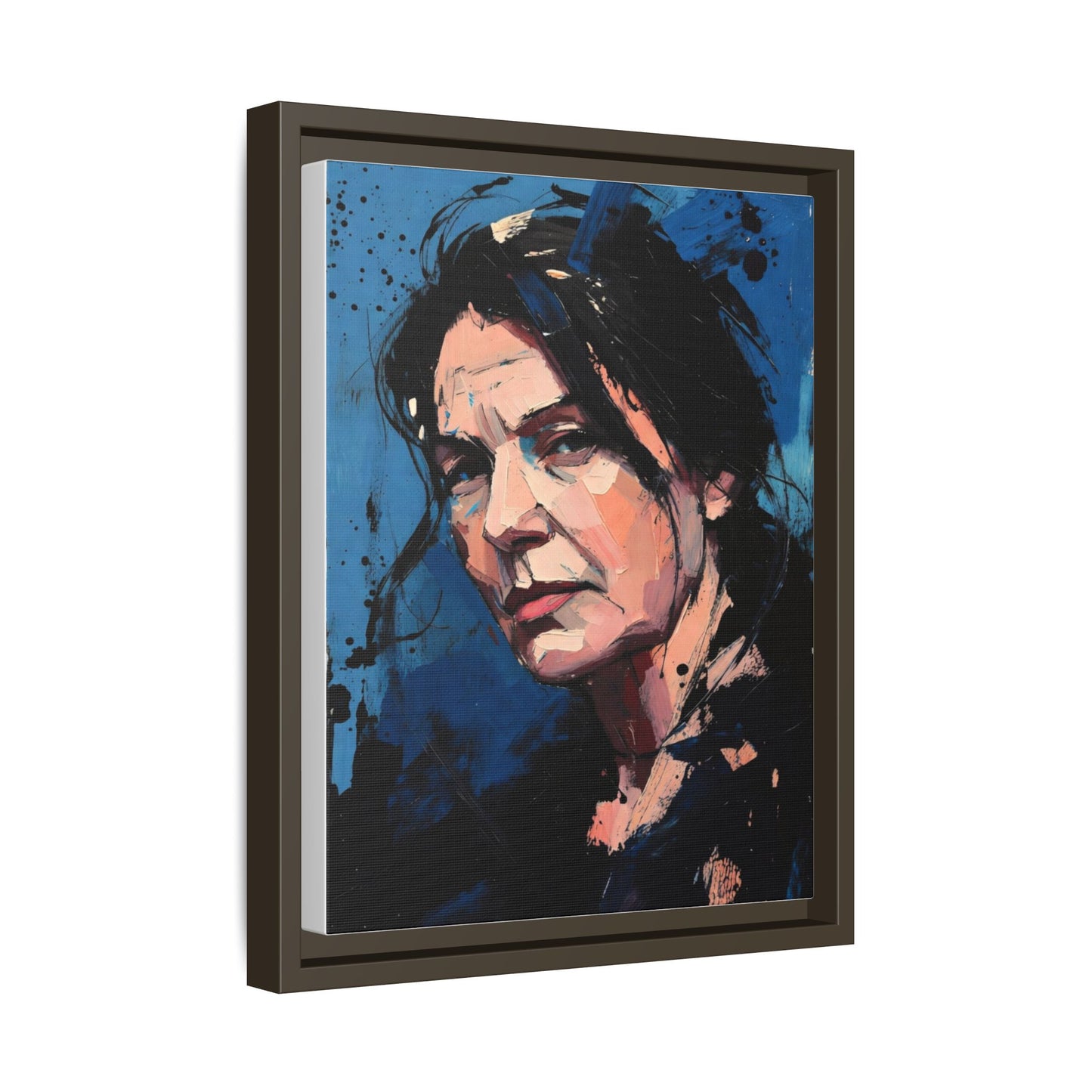 Framed Matte Canvas Portrait — Expressive Blue Painterly Woman Art
