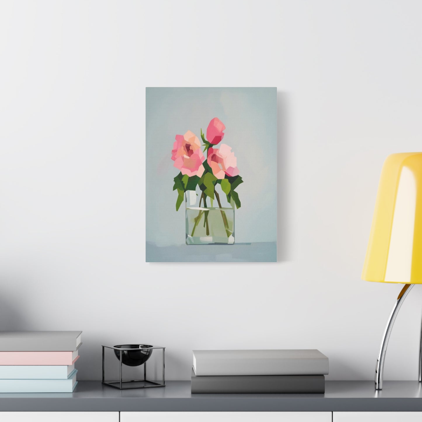 Pink Roses in Square Vase - Matte Stretched Canvas Wall Art