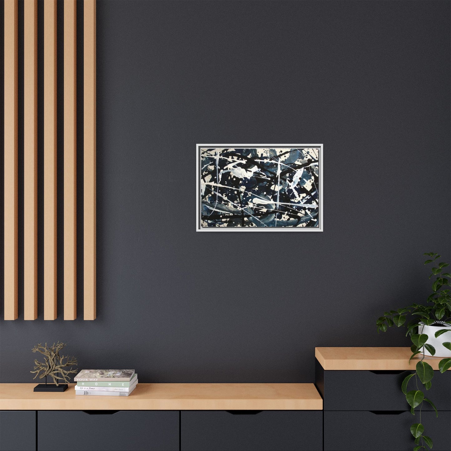Abstract Splatter Matte Canvas Framed Wall Art — Black & Blue Modern Art Print