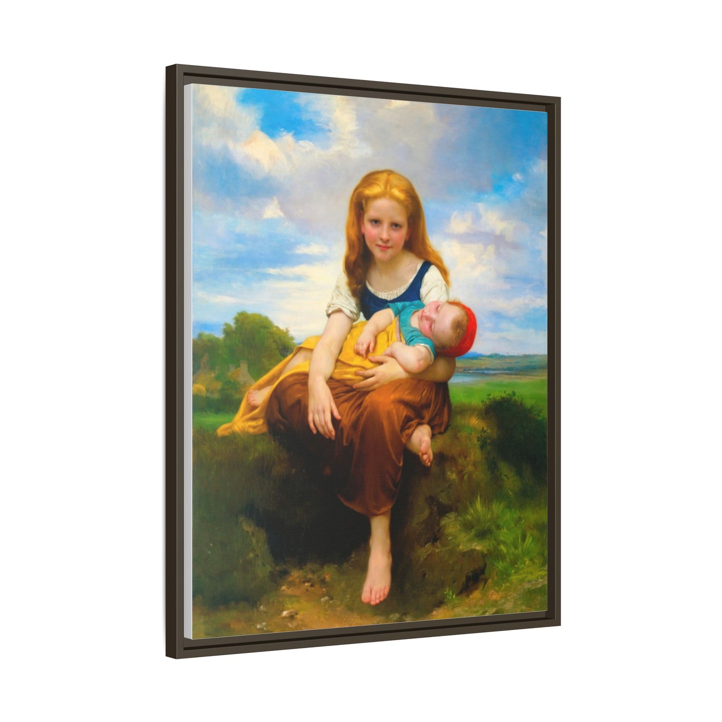 Young Girl Holding Sleeping Baby Canvas Print, Framed Wall Art