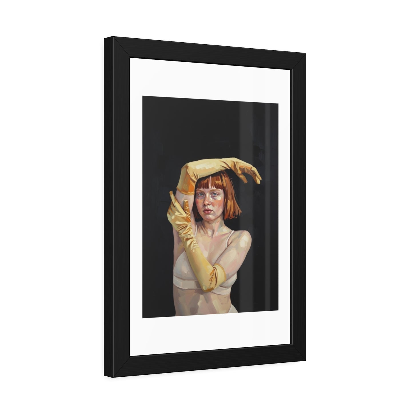 Framed Art Poster — Portrait of Redhead Woman in Yellow Gloves (Gallery Wall Print)