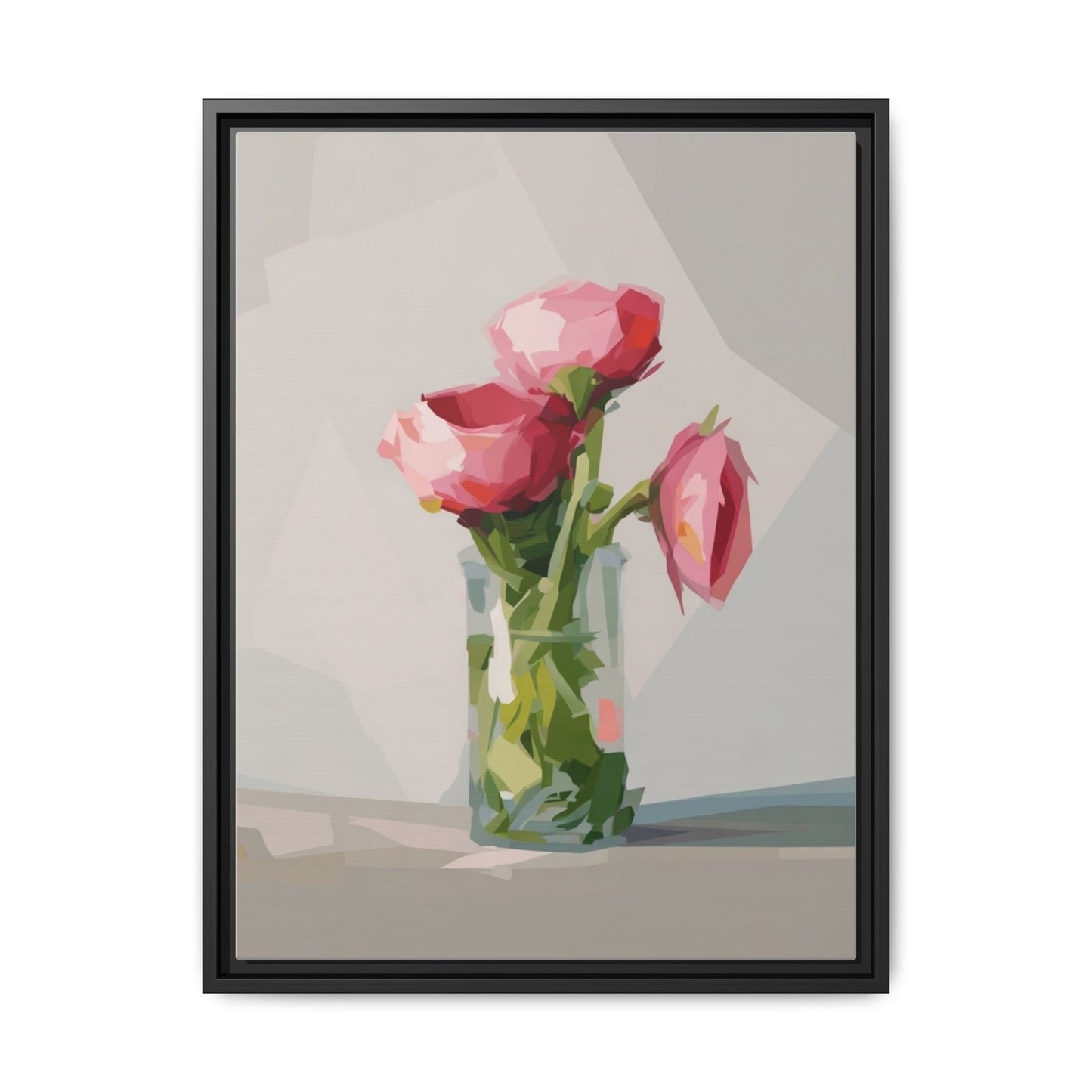 Framed Canvas Art — Pink Roses in Vase, Modern Floral Wall Print