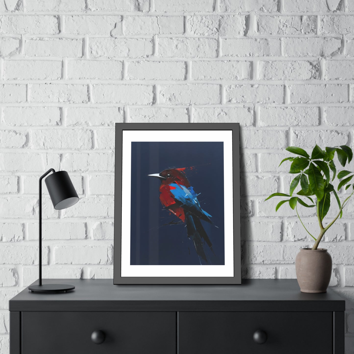 Framed Bird Art Print — Modern Red & Blue Kingfisher Poster