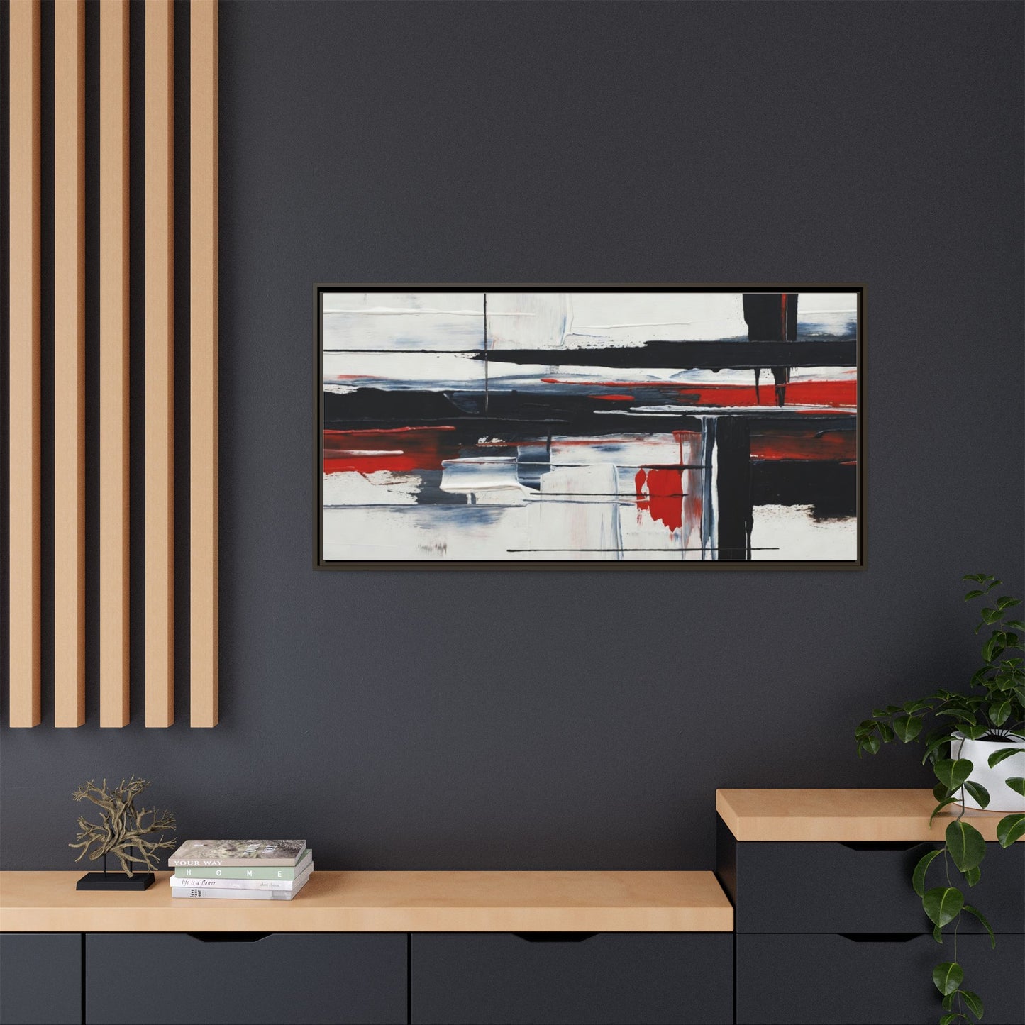 Abstract Red & Black Framed Canvas Art — Modern Matte Wall Painting
