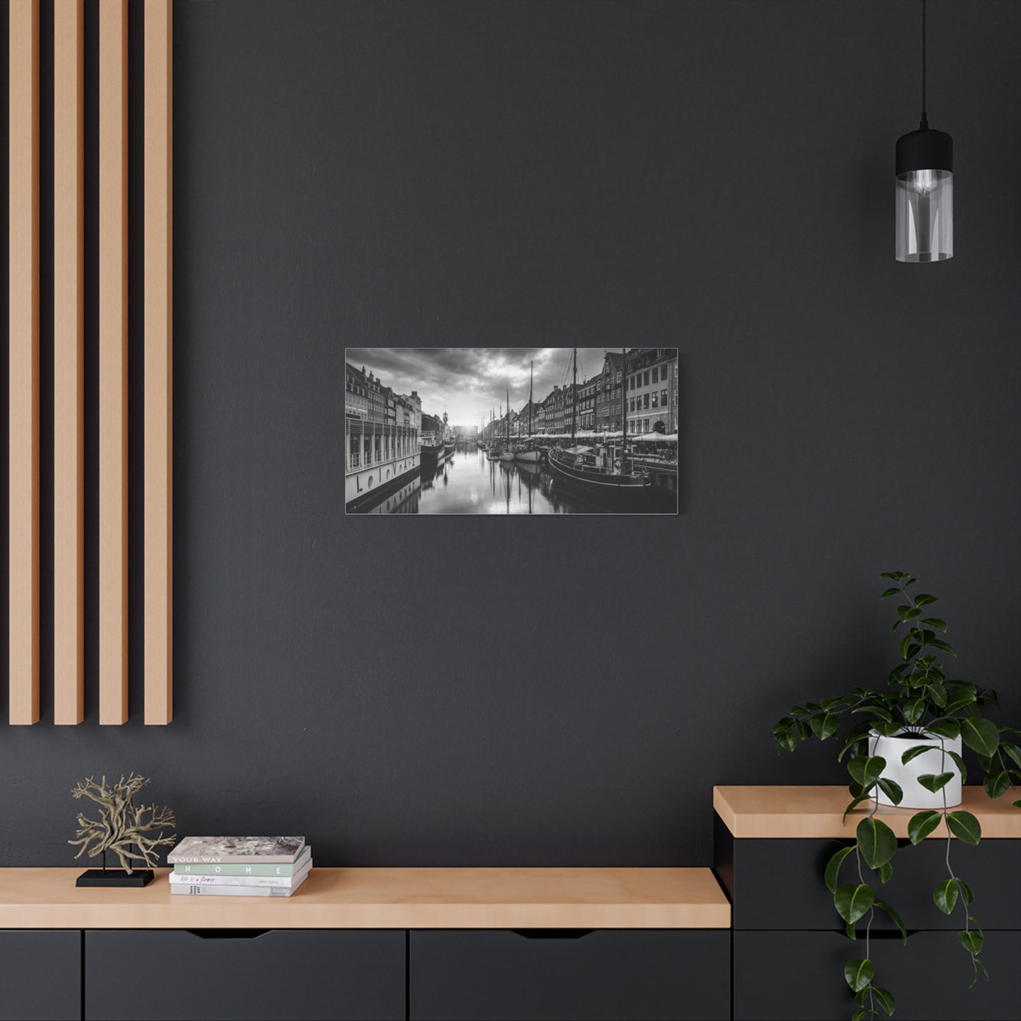 Black & White Harbor Canvas Print — Dramatic Copenhagen Cityscape Wall Art