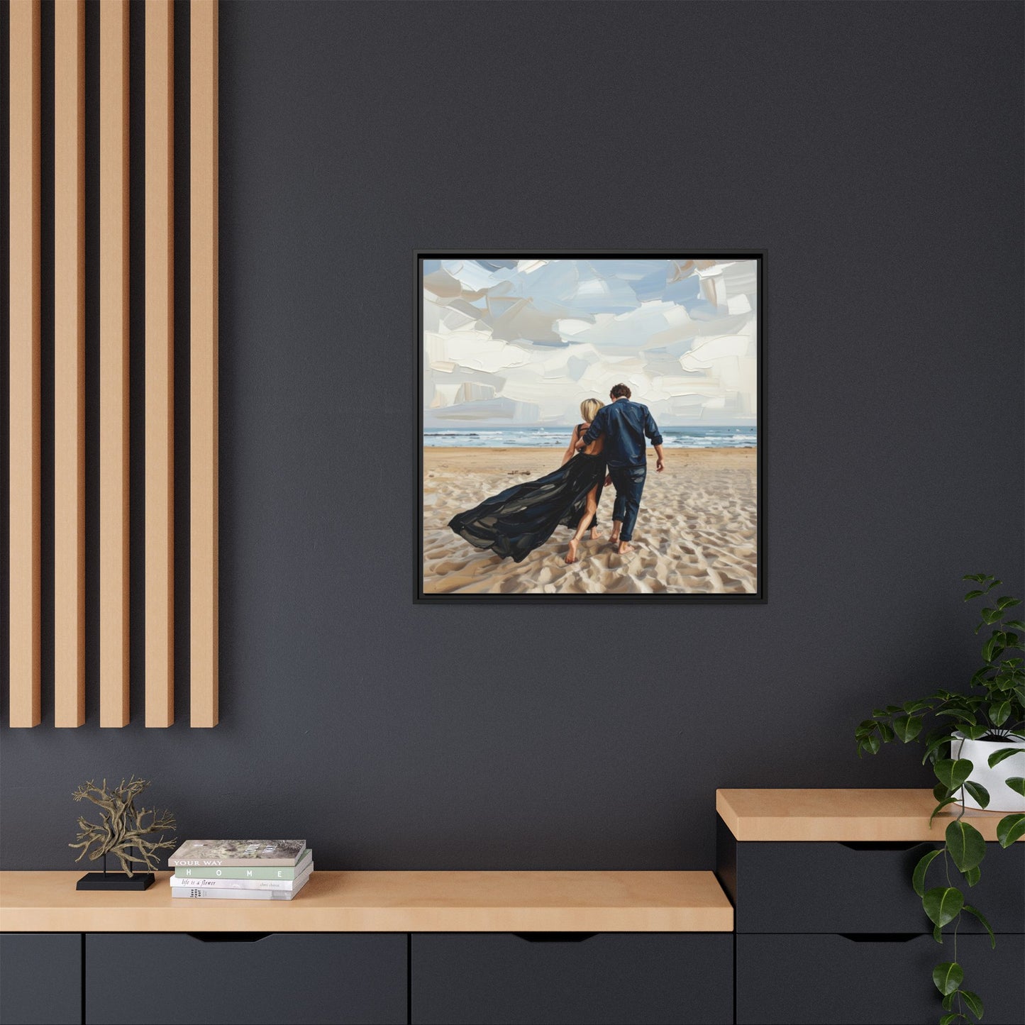 Framed Canvas Wall Art — Romantic Couple Walking on Beach Print