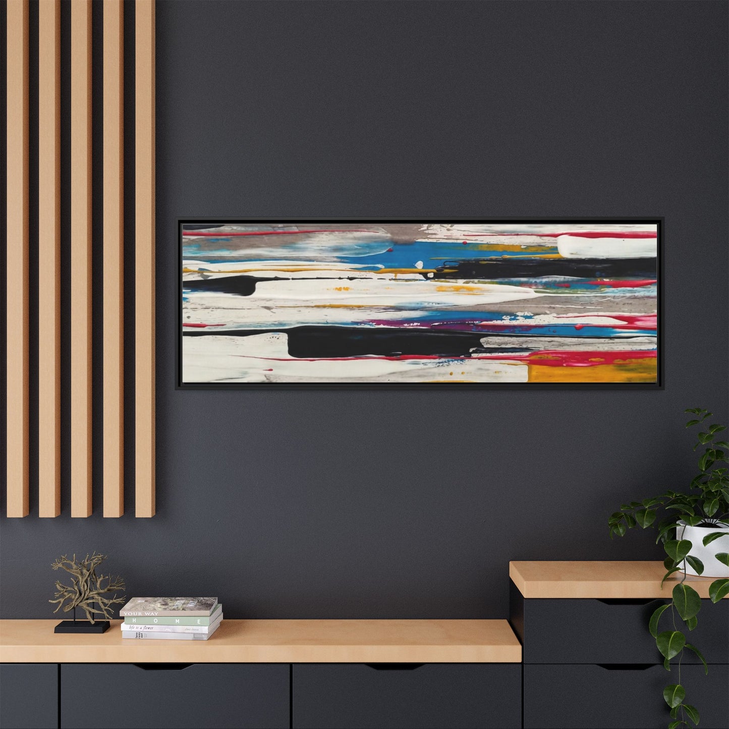 Abstract Multi-Color Framed Canvas Wall Art — Modern Horizontal Brushstroke Print