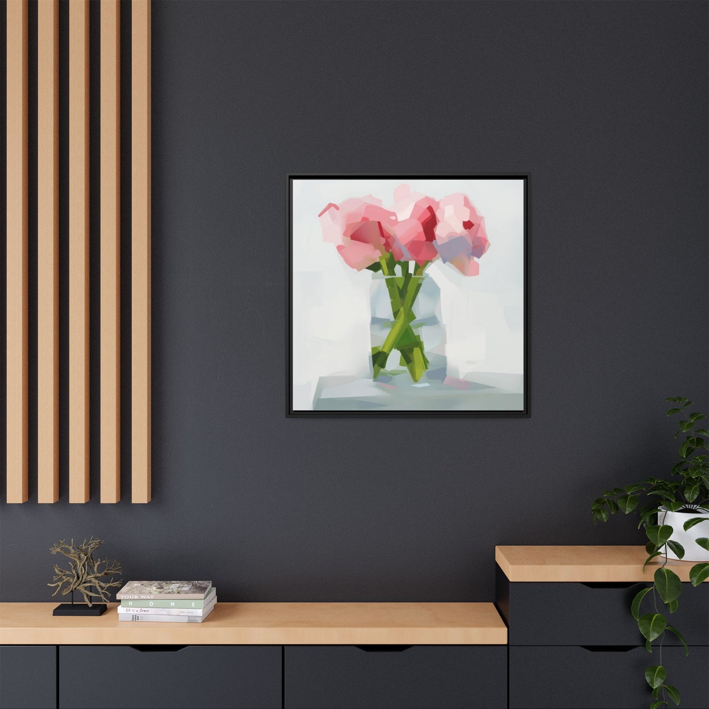 Framed Floral Canvas Art — Pink Peonies in Vase (Matte)