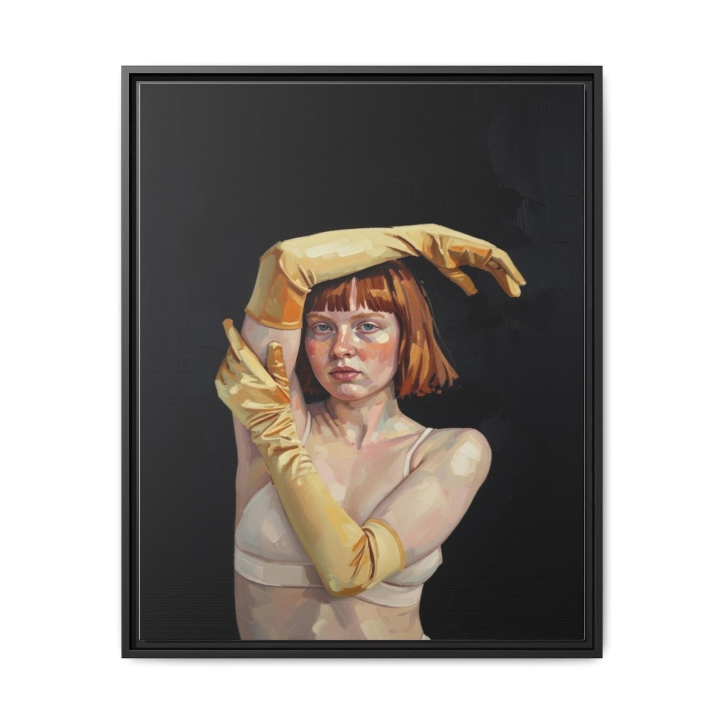 Framed Matte Canvas Art – Portrait of Woman in Yellow Gloves