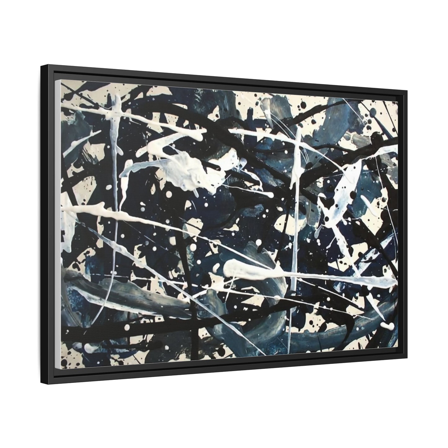 Abstract Splatter Matte Canvas Framed Wall Art — Black & Blue Modern Art Print